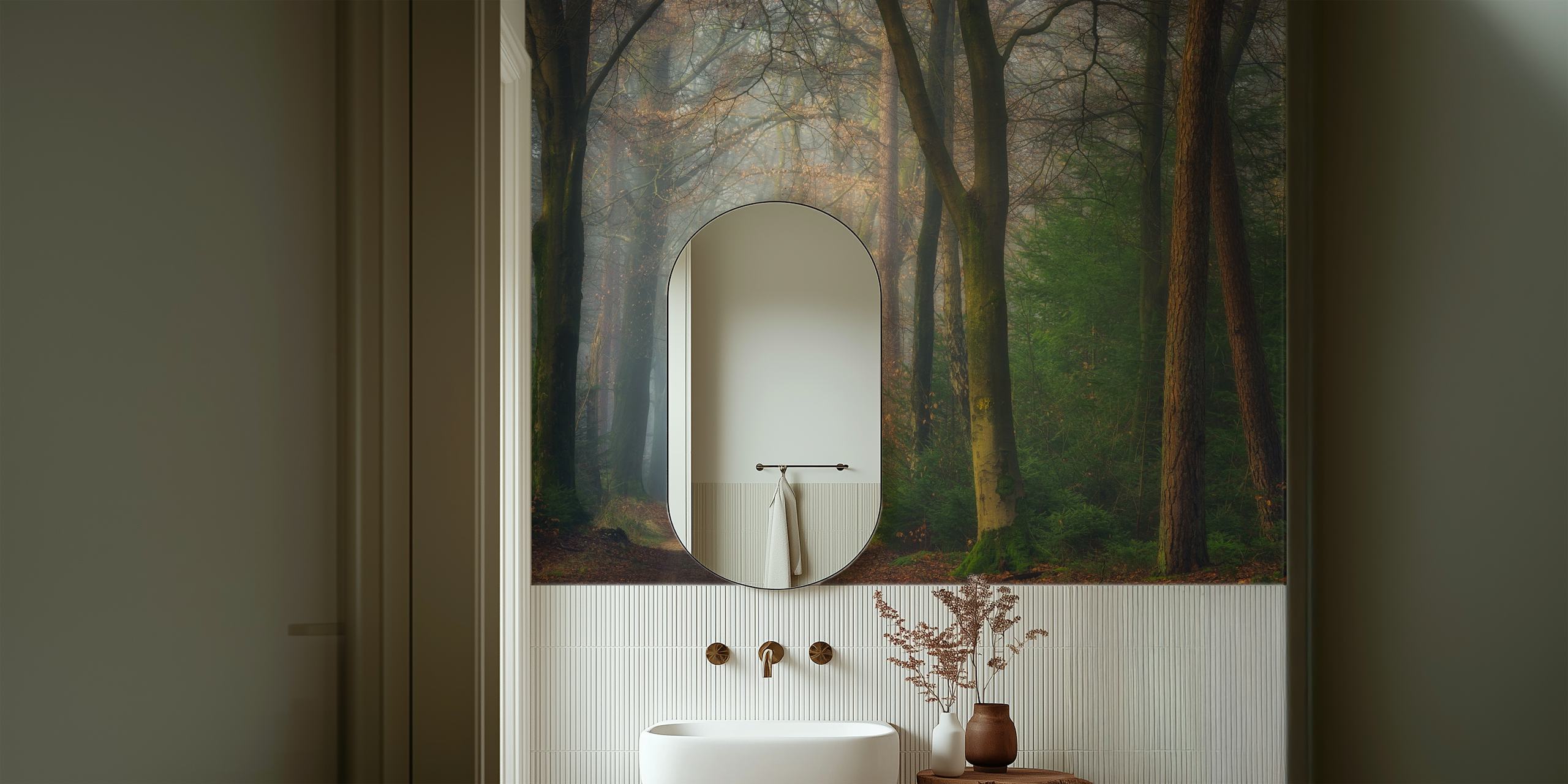 Misty forest scene with trees and fog wallpaper