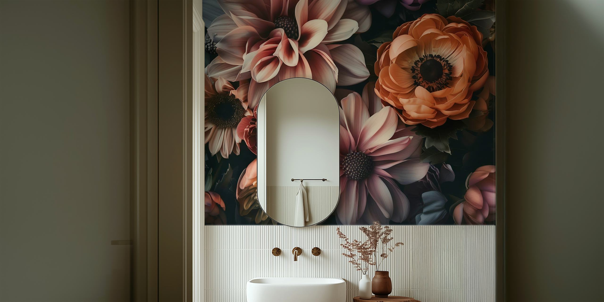 Dark floral design with soft pink and orange flowers, wallpaper