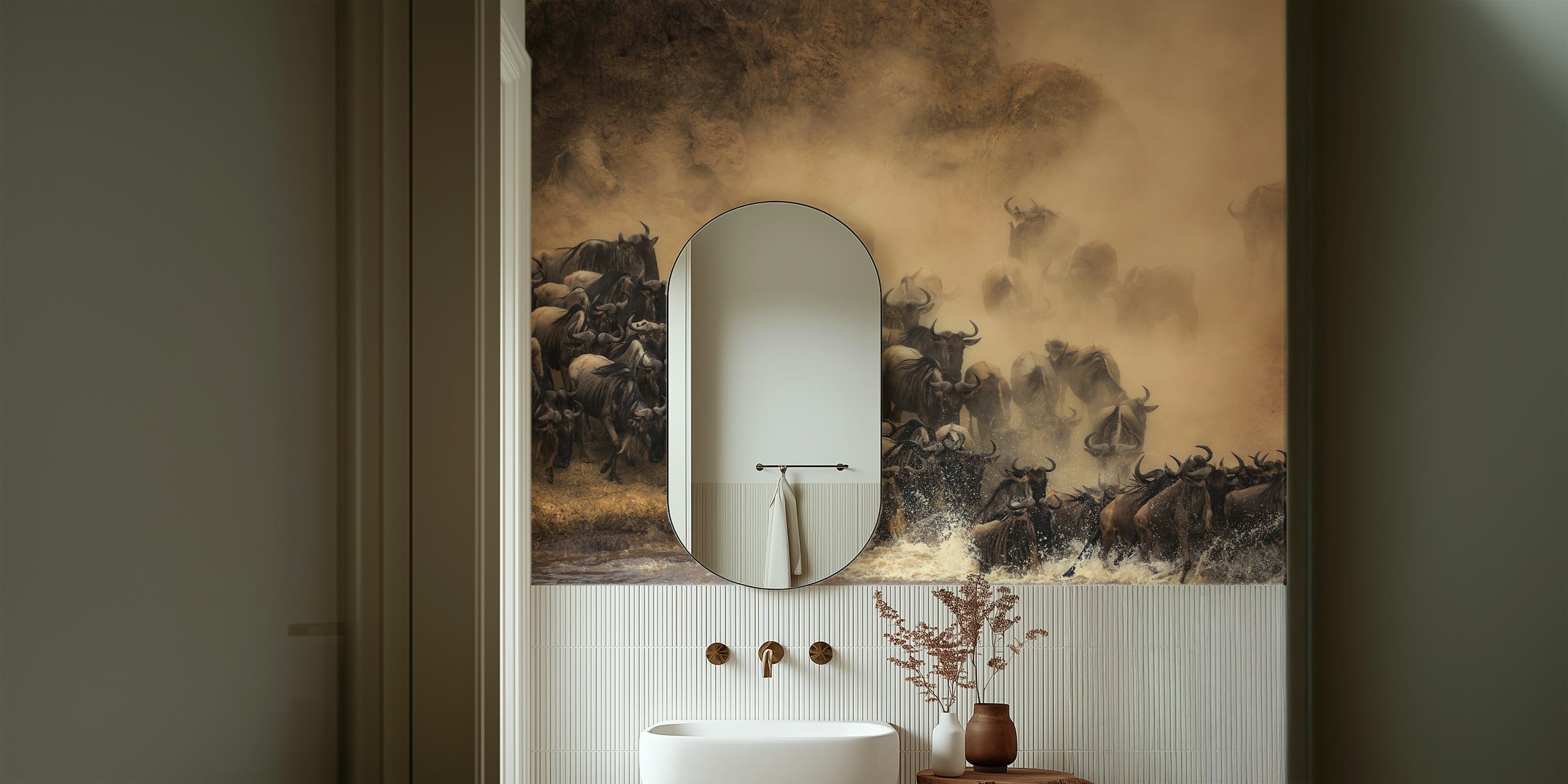 The Crossing behang met wilde dieren in een kamer