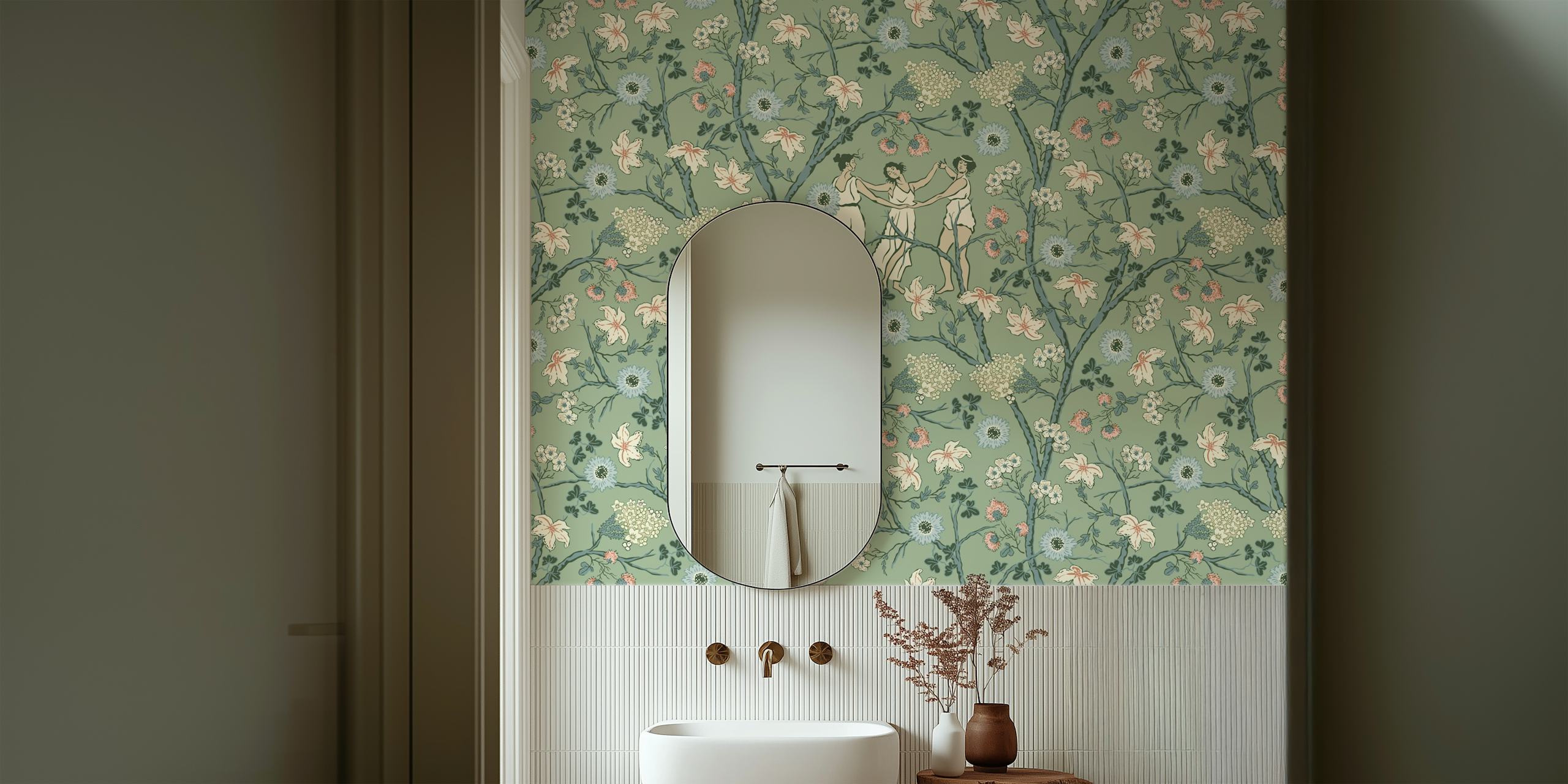 Midsummer dance on green wallpaper in a room
