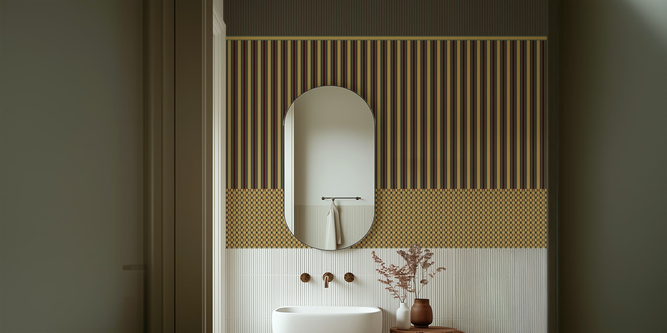 Green striped wallpaper with honey gold geometric patterns