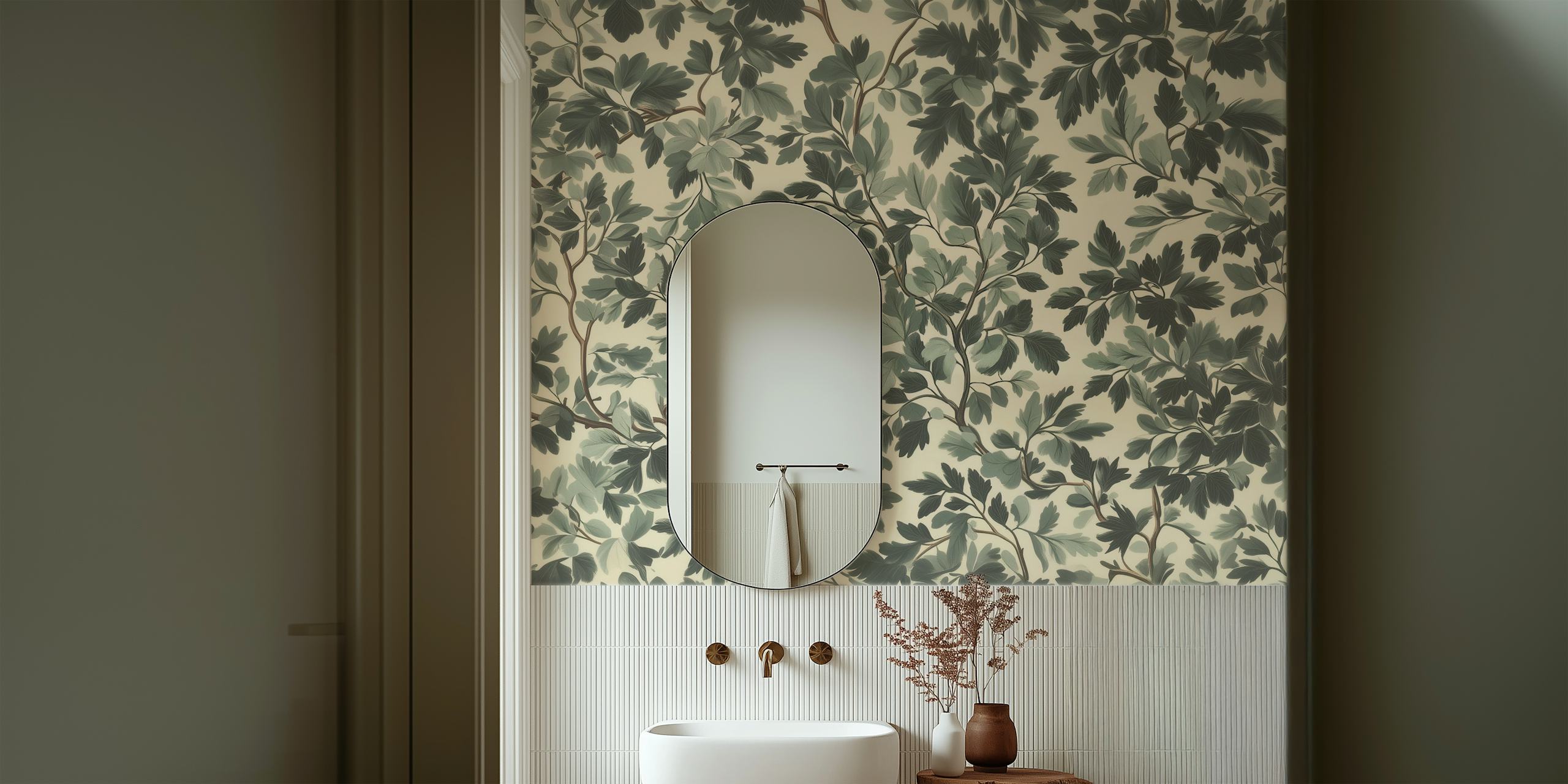 Botanical leafy pattern with dark green and soft gray hues wallpaper