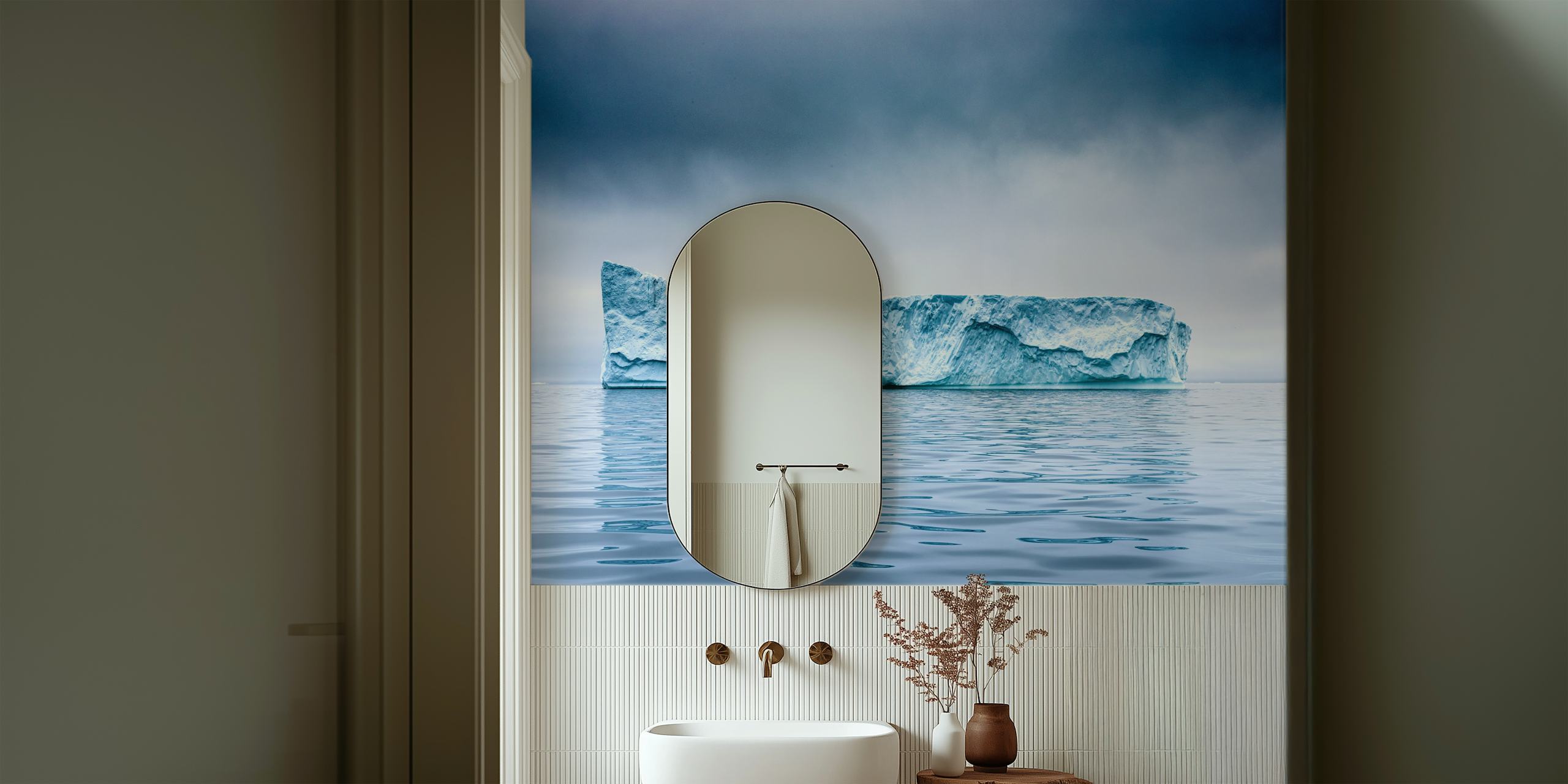 Iceberg floating in calm waters under a cloudy sky wallpaper