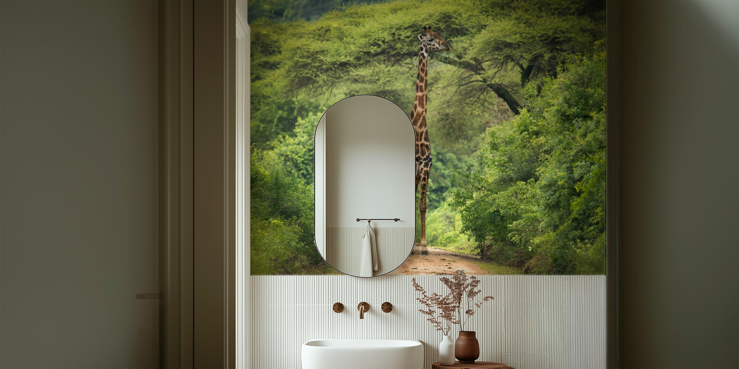 Giraffe among lush greenery and trees wallpaper