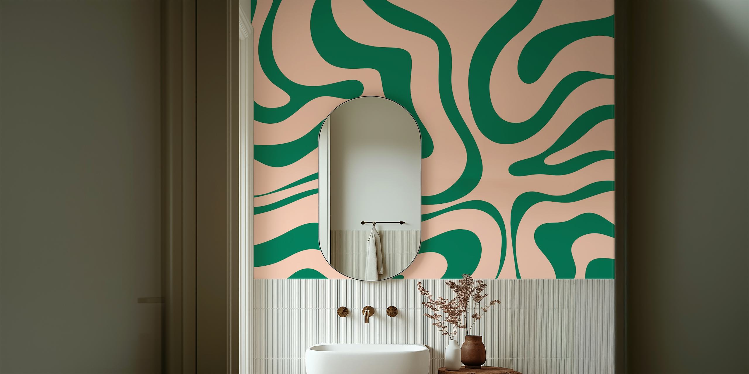 Abstract flowing swirls in green and blush colors wallpaper