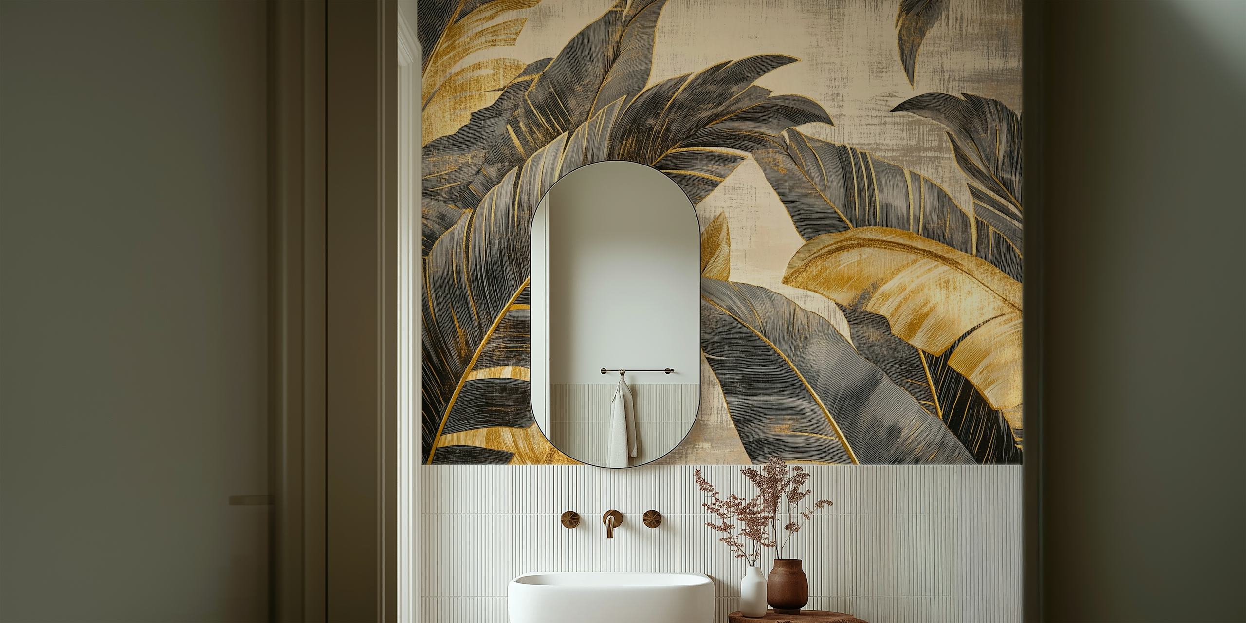 Tropical leaves in black and gold color scheme wallpaper