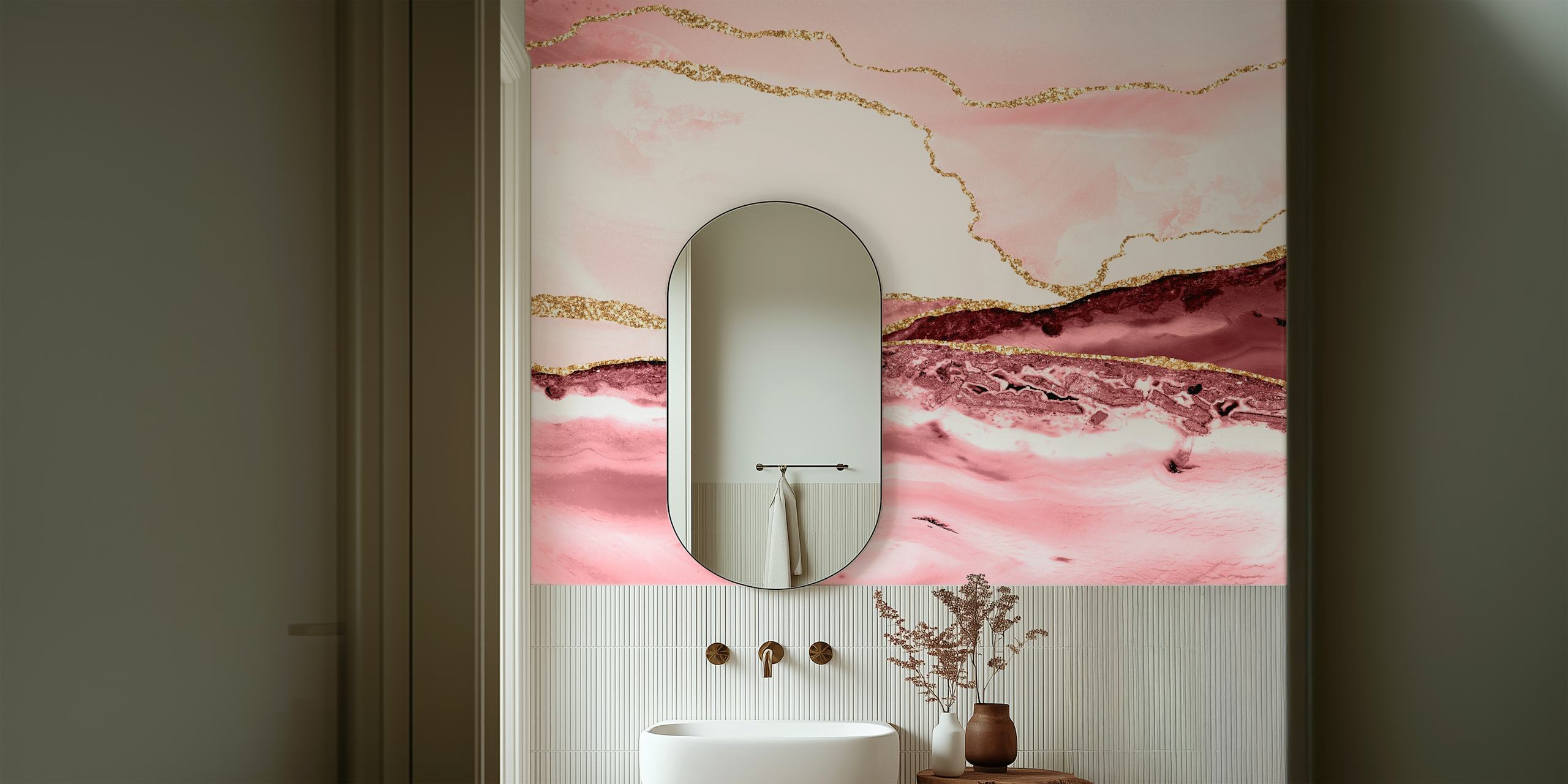 Pink marble waves with gold accents wallpaper