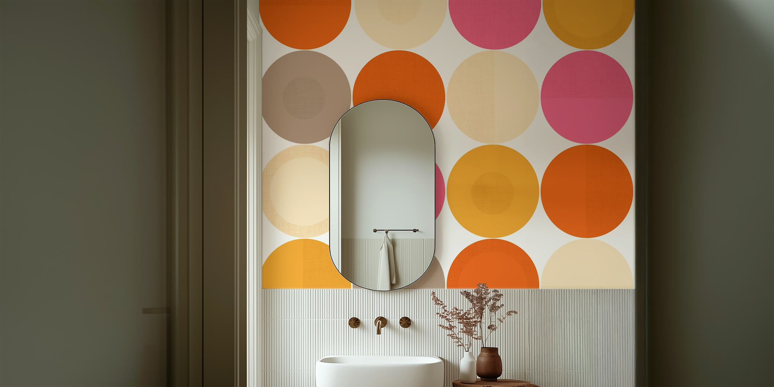 Colorful circular pattern in orange, pink, yellow, and beige wallpaper