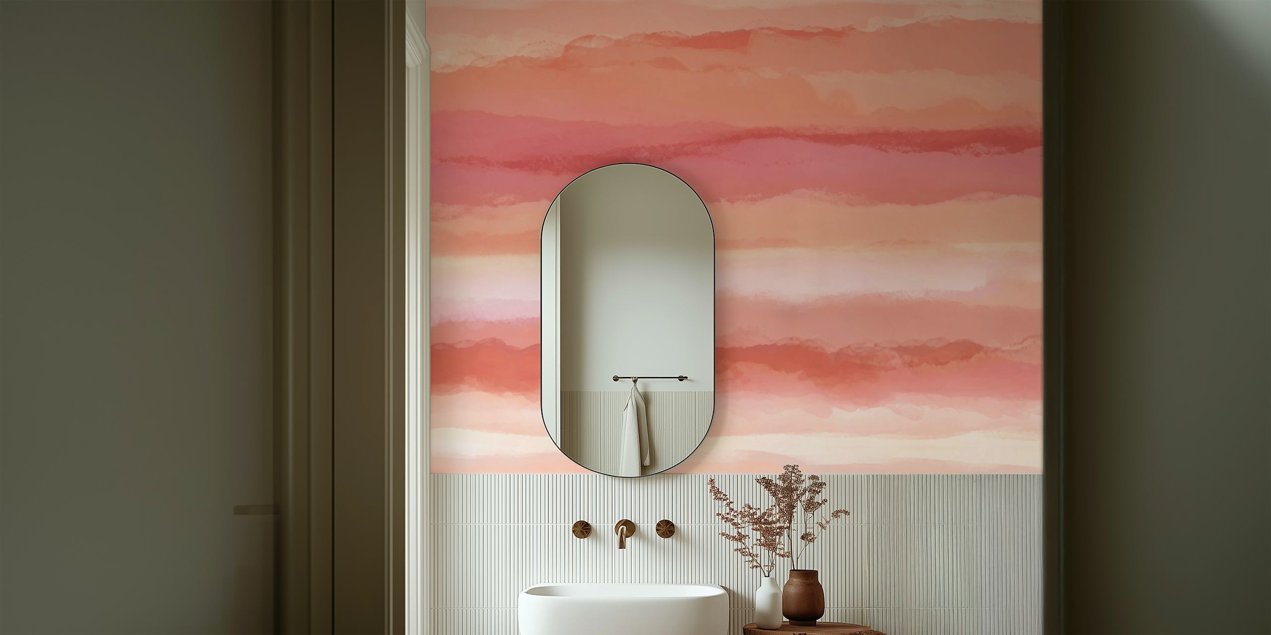 Coral and pink striped wallpaper in minimalist style