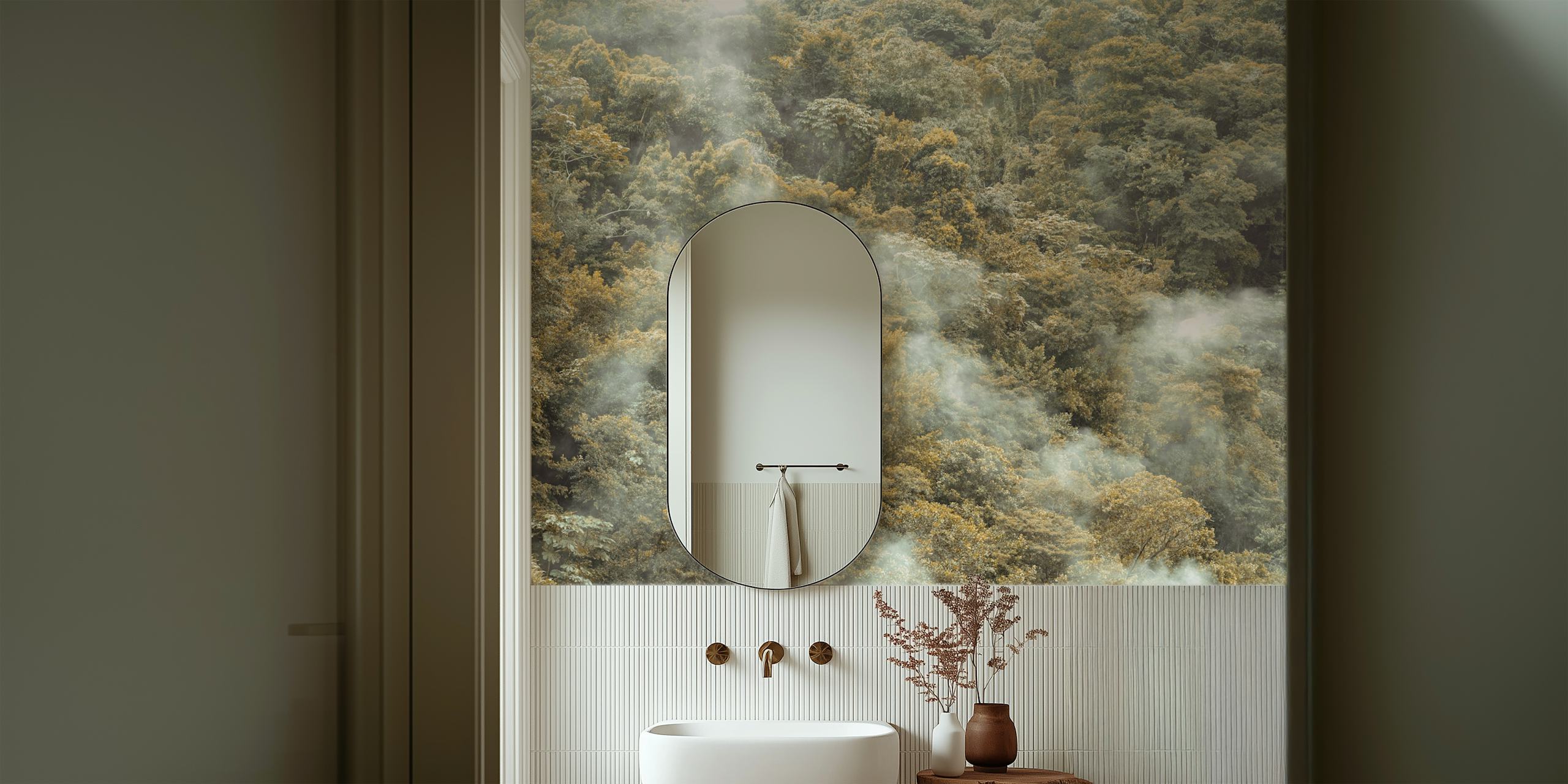 Misty forest canopy wallpaper in a room