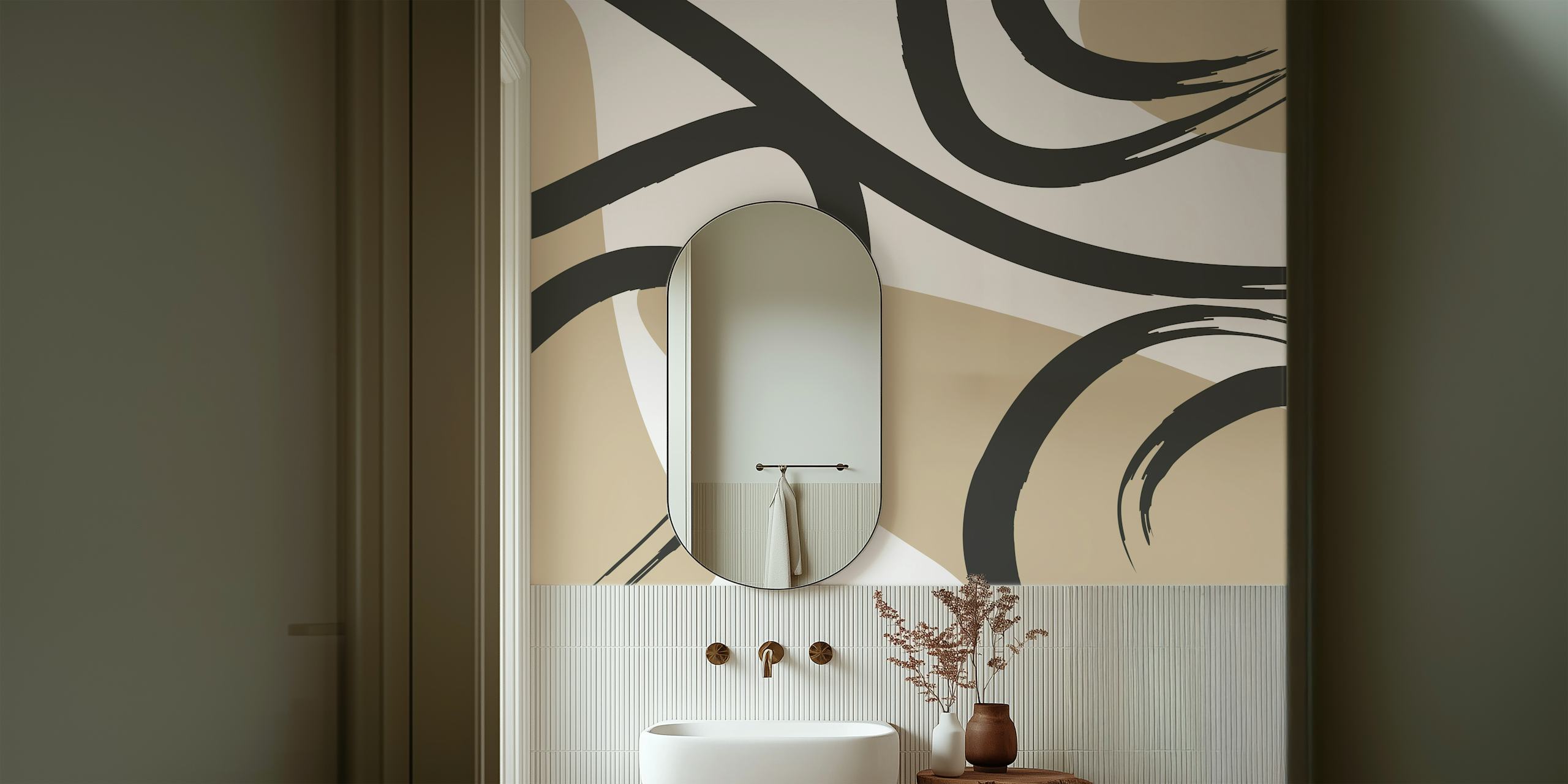 Geometric black strokes on beige background wallpaper