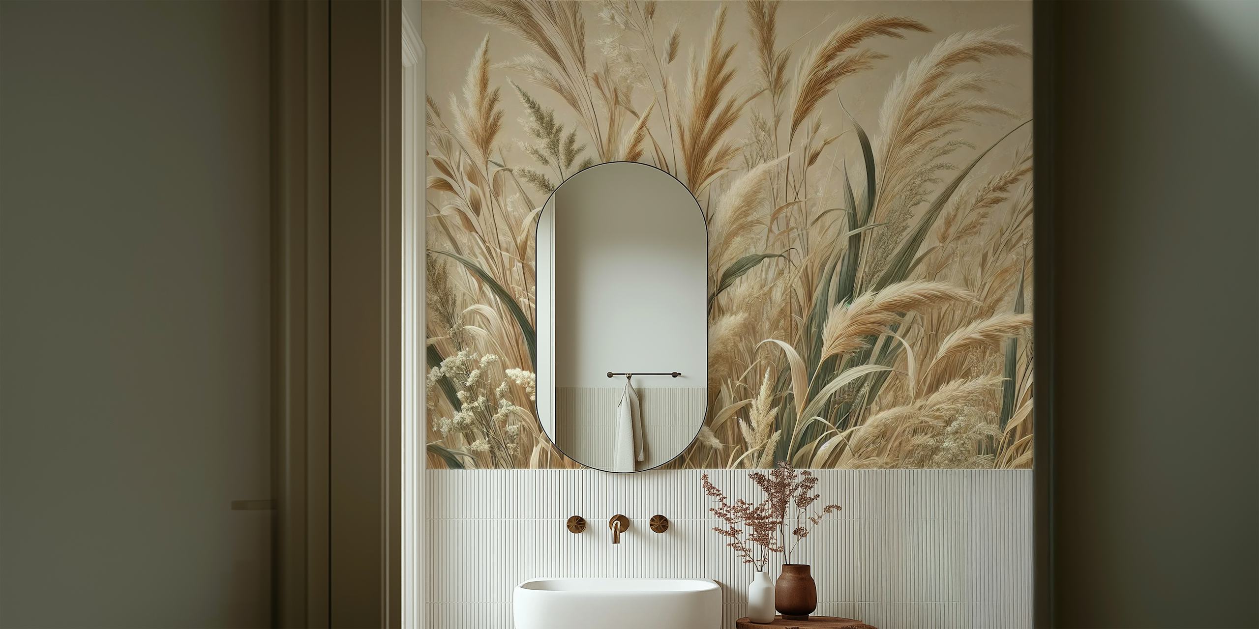 Lush grass textures in beige and earthy tones wallpaper