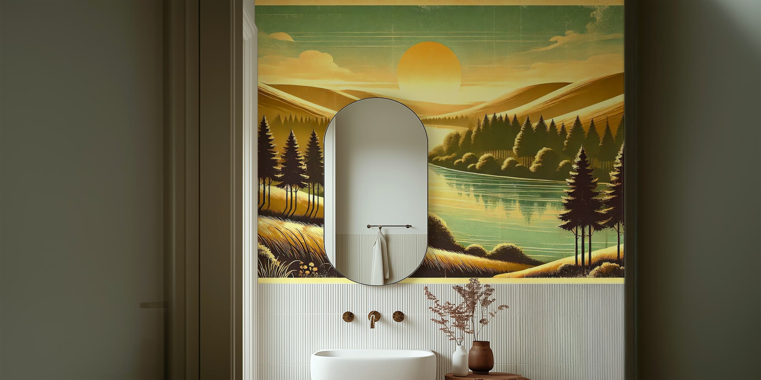 Vintage River Morning Light Wallpaper in a room