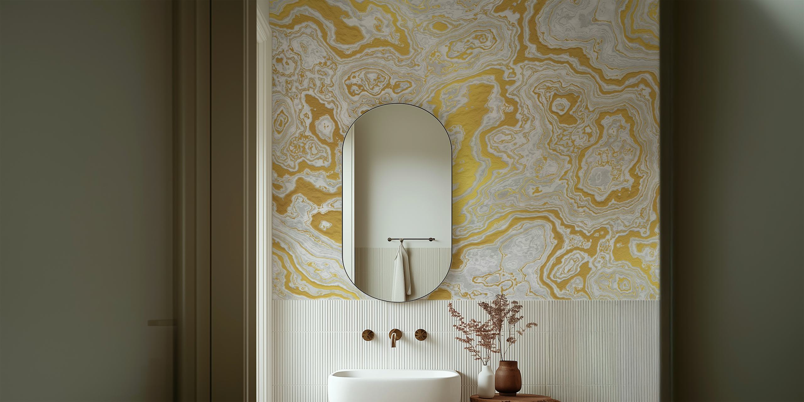 Calcatta Oro white and gold marble wallpaper w pokoju