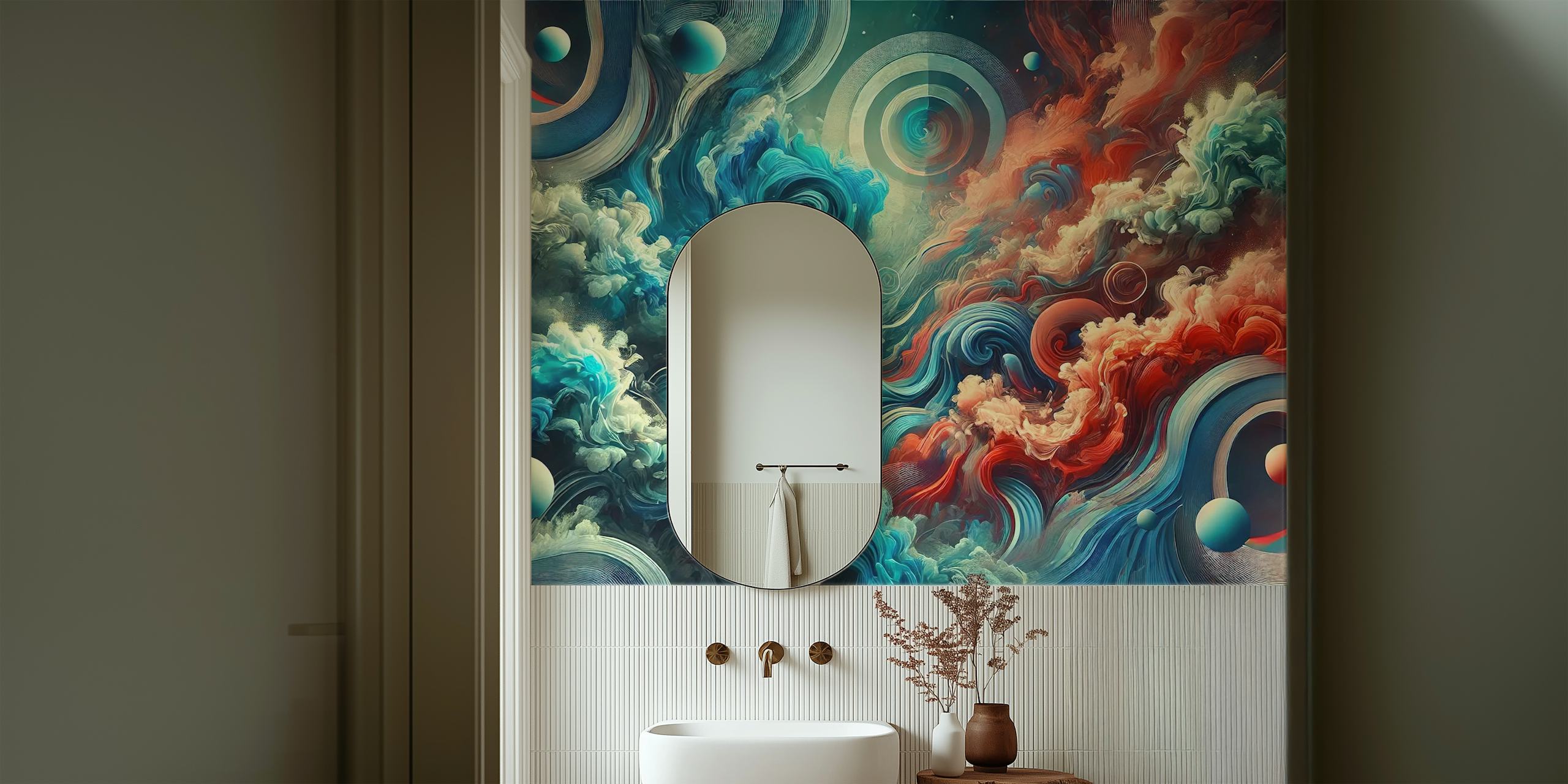 Colorful abstract swirls in red, blue, and cream wallpaper