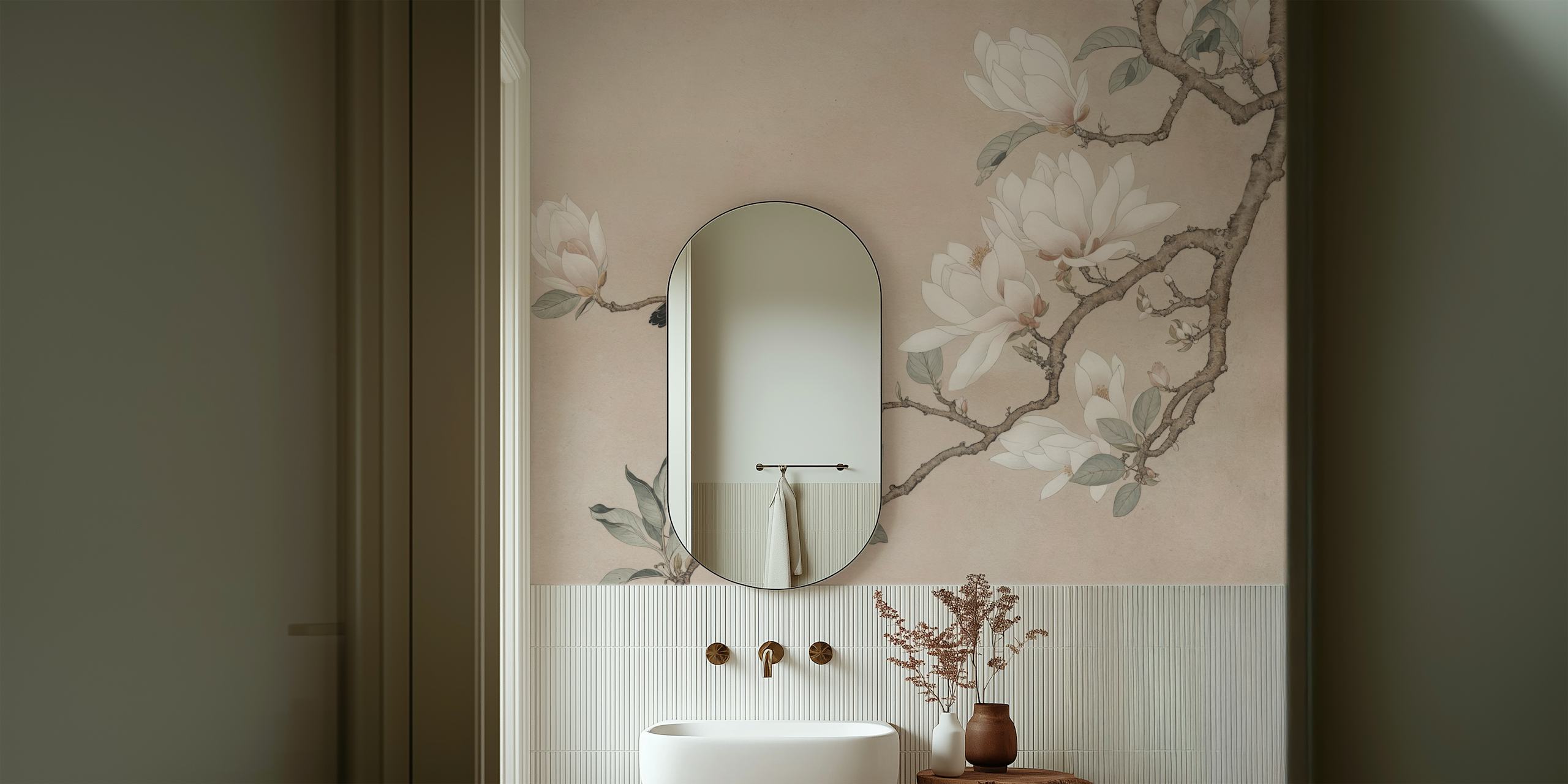 Magnolia flowers and a bird on branches, soft colors wallpaper