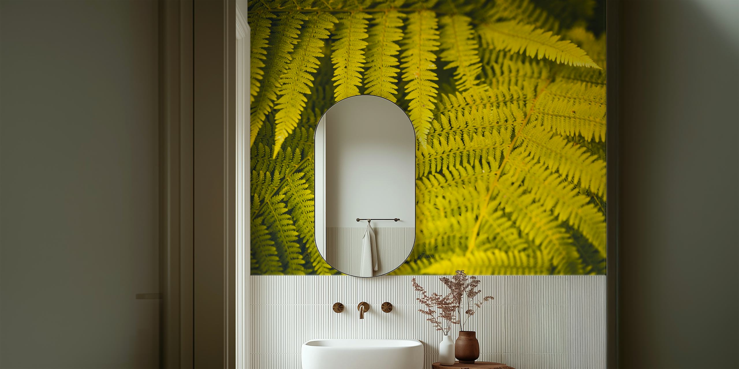 Golden fern foliage pattern in vibrant green wallpaper