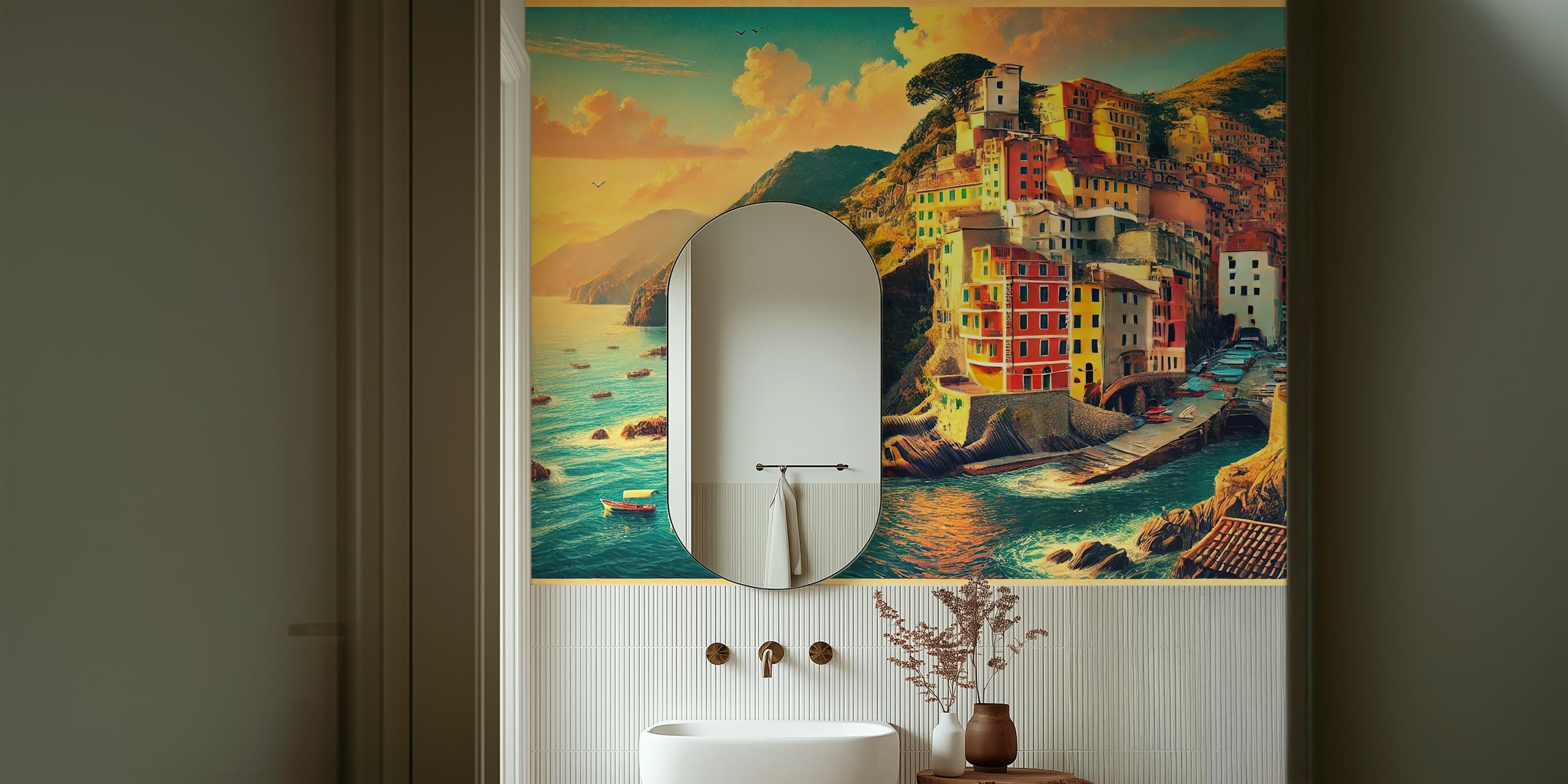 Vintage Cinque Terre wallpaper σε ένα δωμάτιο
