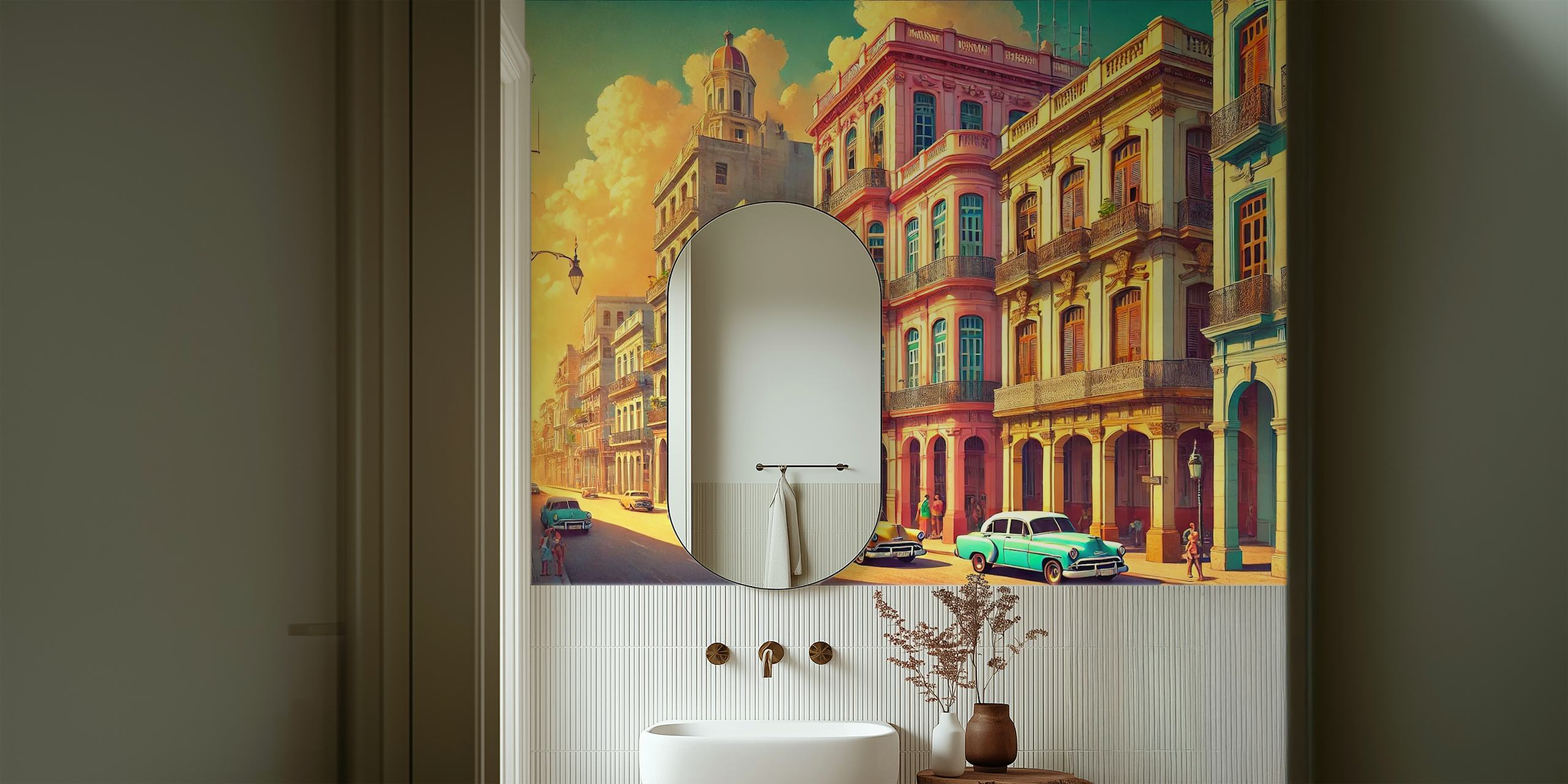 Colorful vintage Havana street scene wallpaper with classic cars