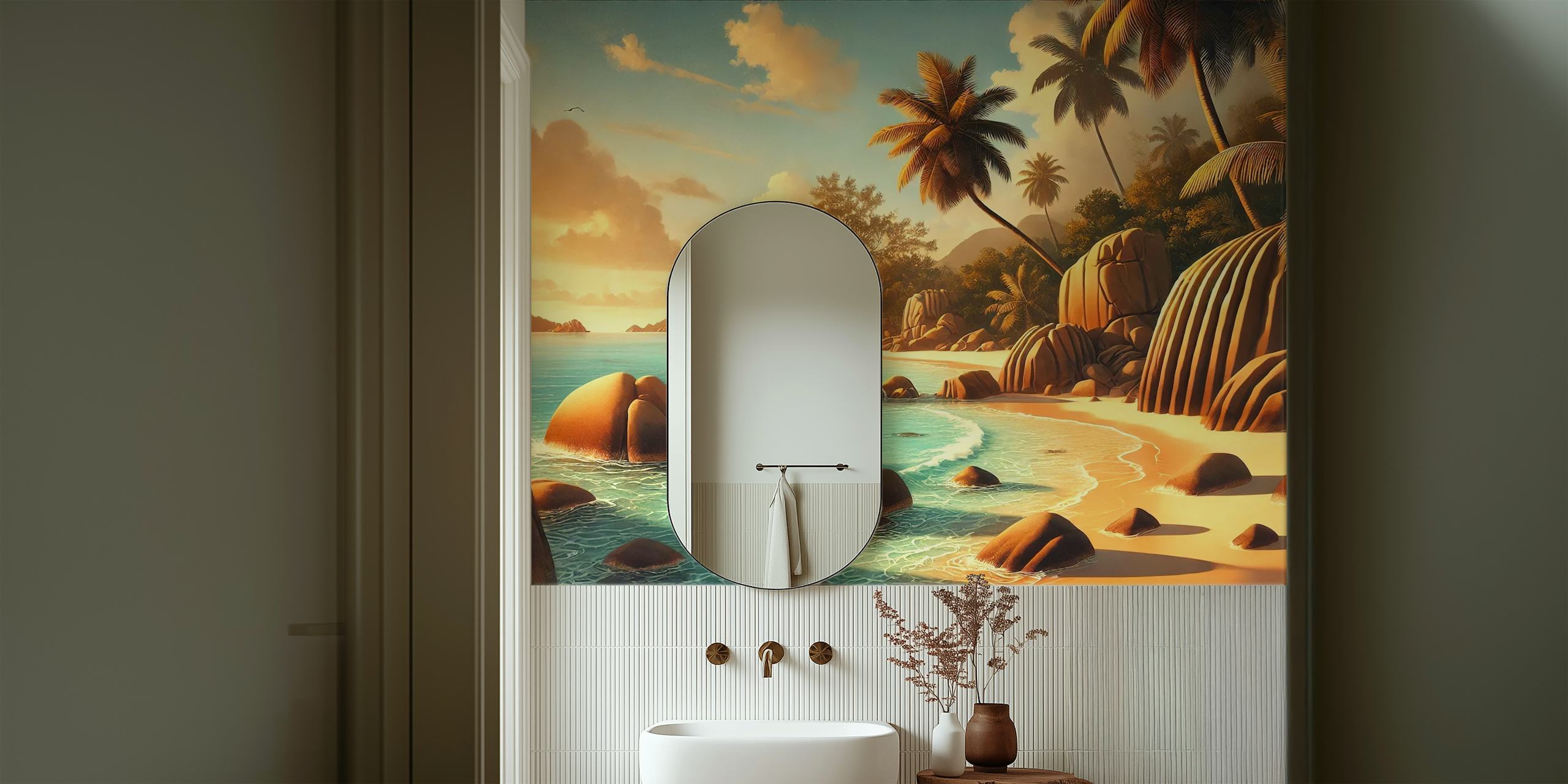 Tropical beach scene with rocks and palm trees, warm colors wallpaper