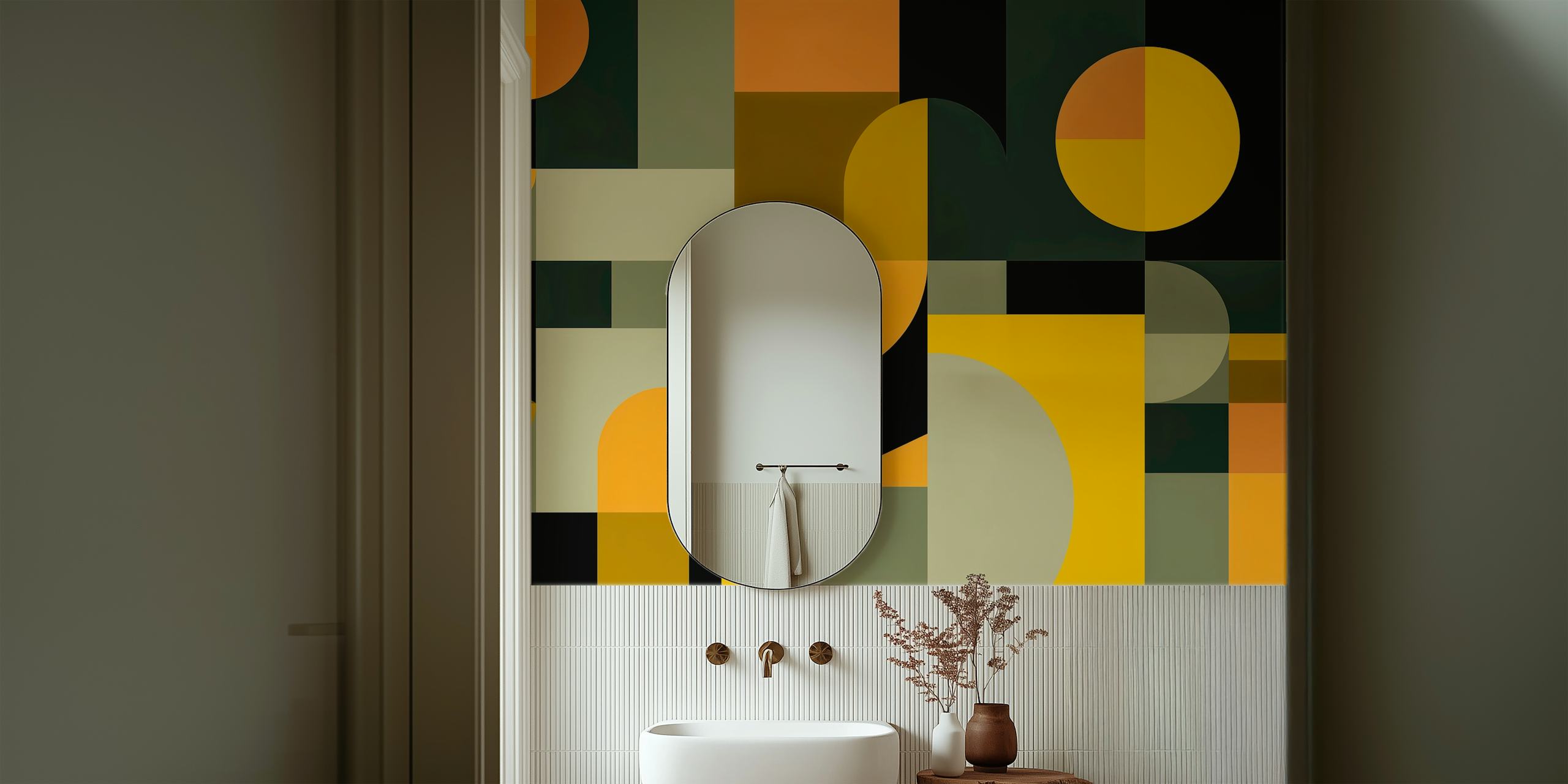 Vintage Geometric Warmth papel de parede em um quarto