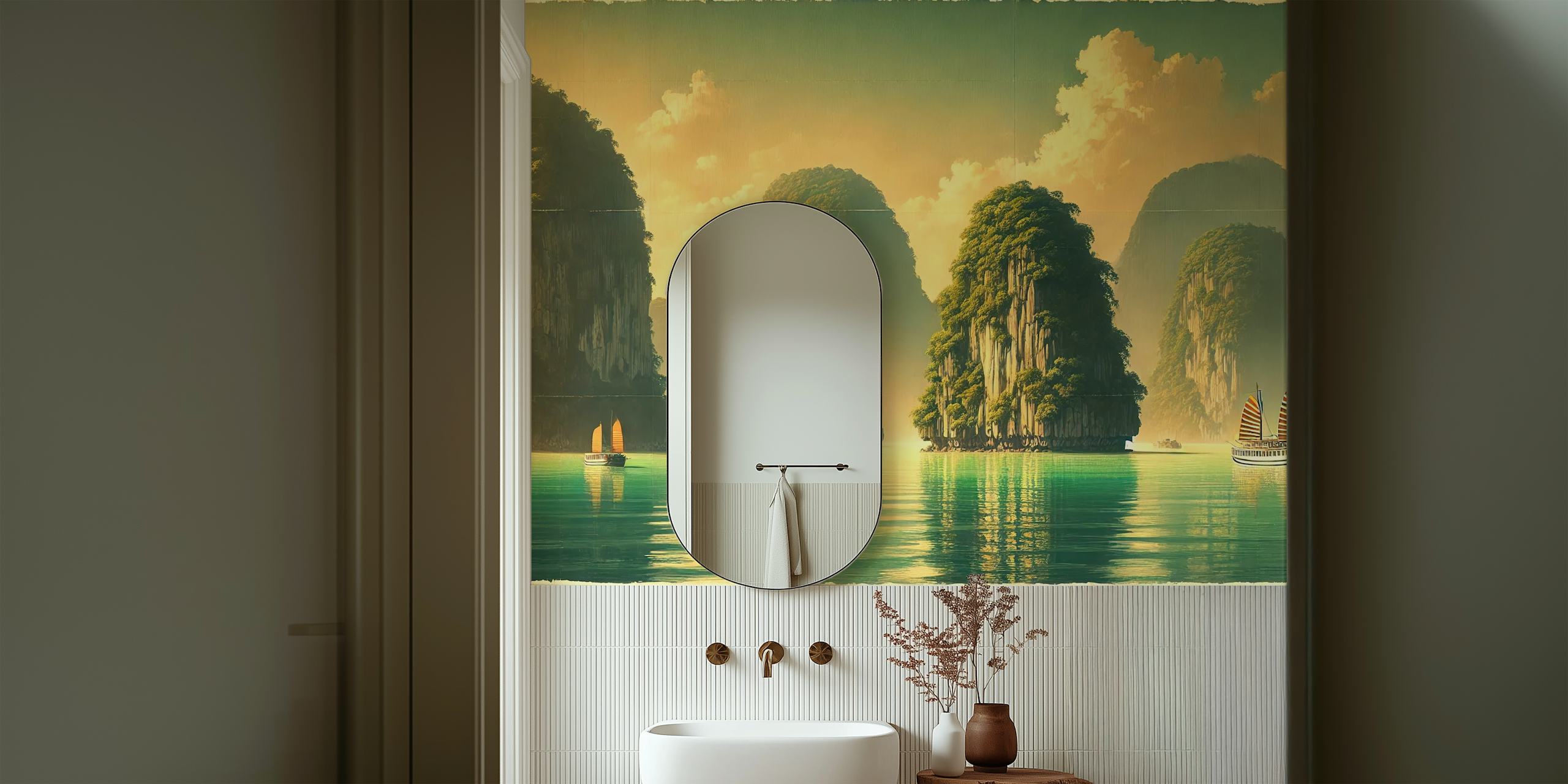 Ha Long Bay landscape with rocky formations and boats in green and blue wallpaper