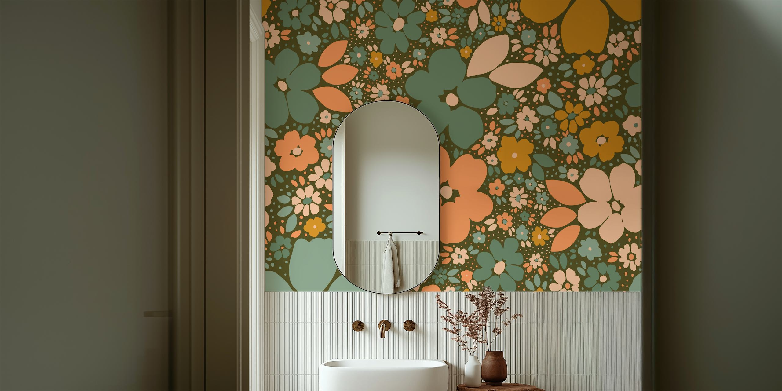 Rustic floral design with orange and green flowers on brown wallpaper