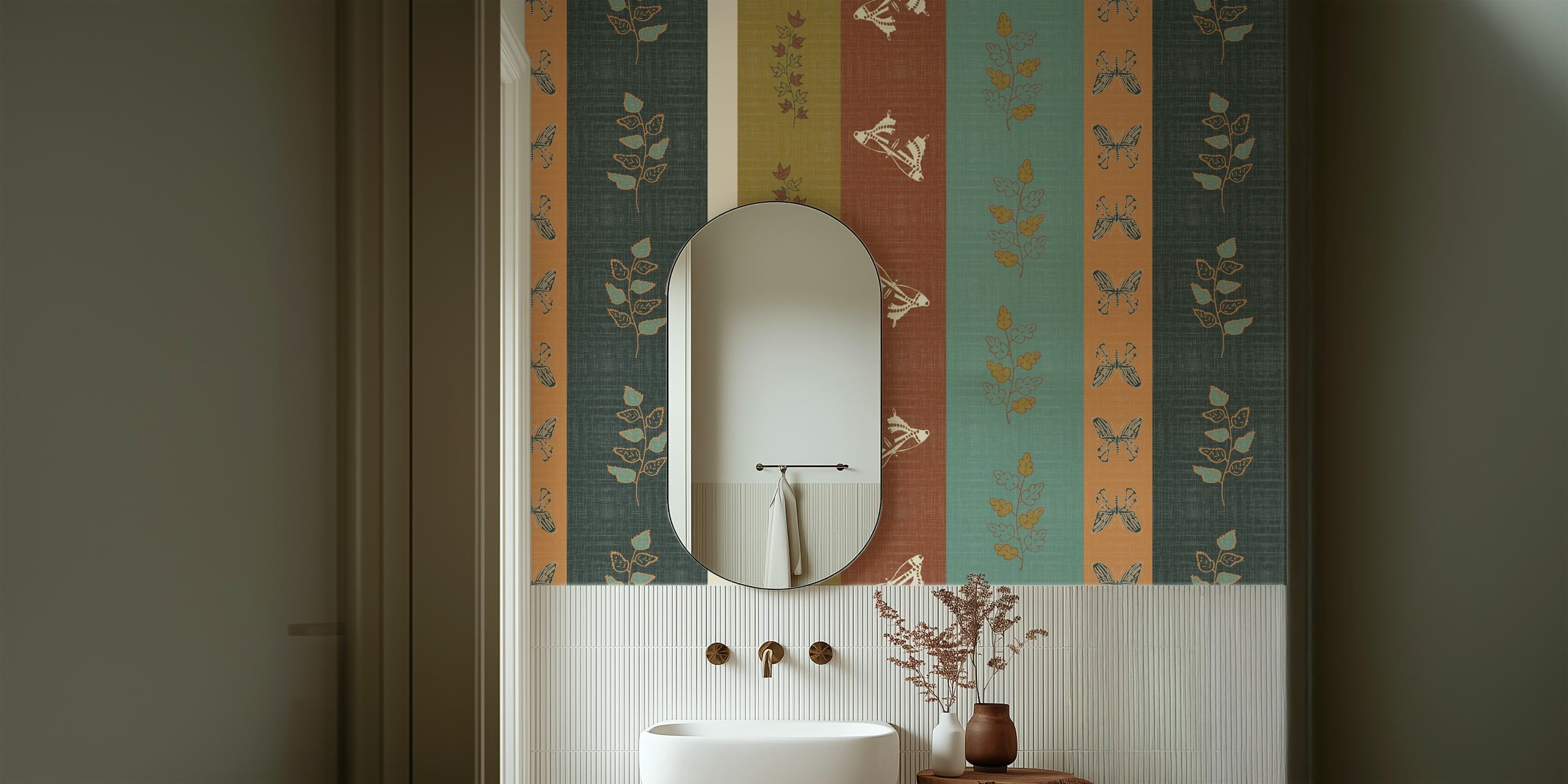 Papel de parede Botanical Folk Stripes em um ambiente
