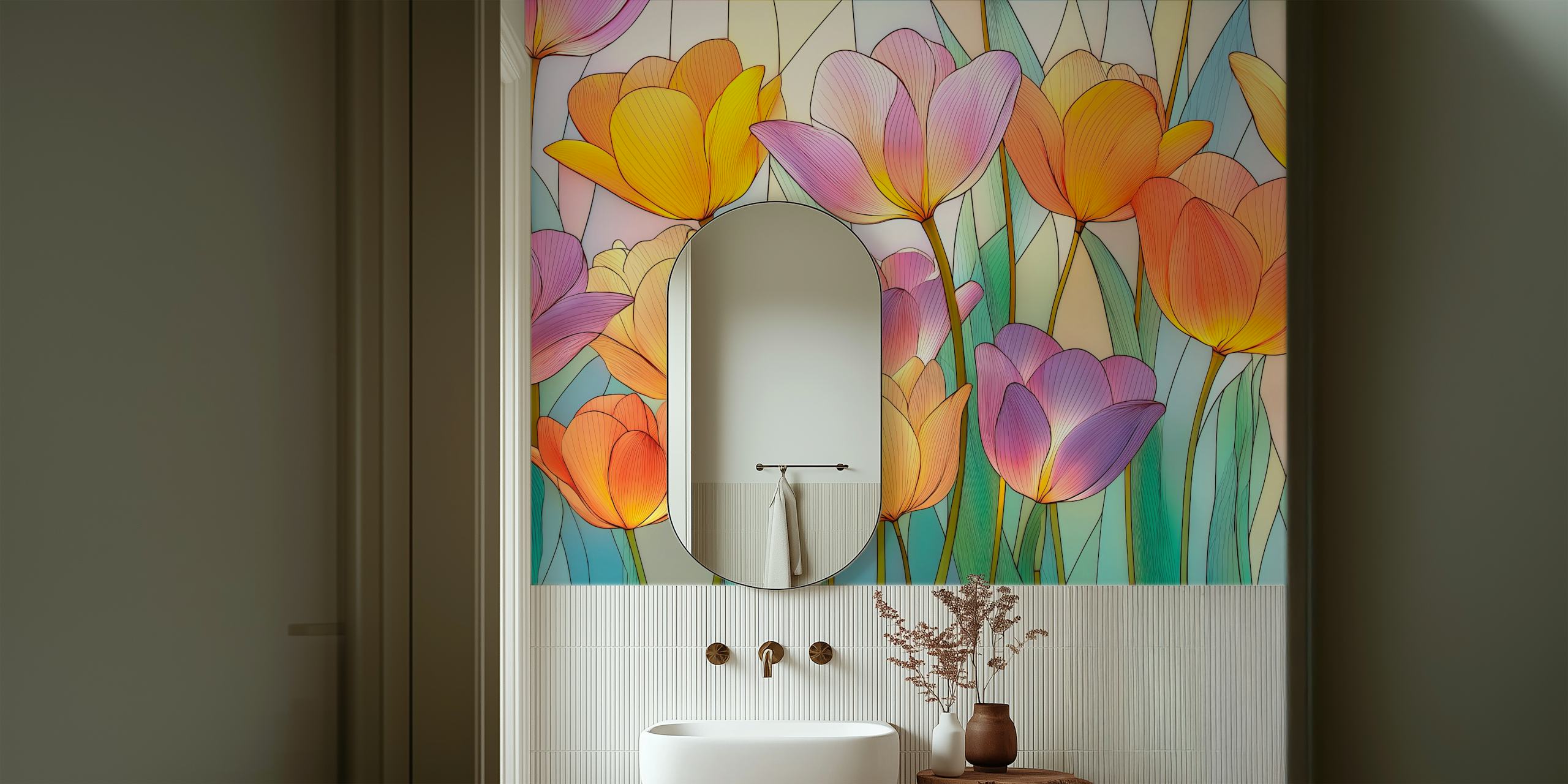 Colorful tulip flowers in stained-glass style wallpaper