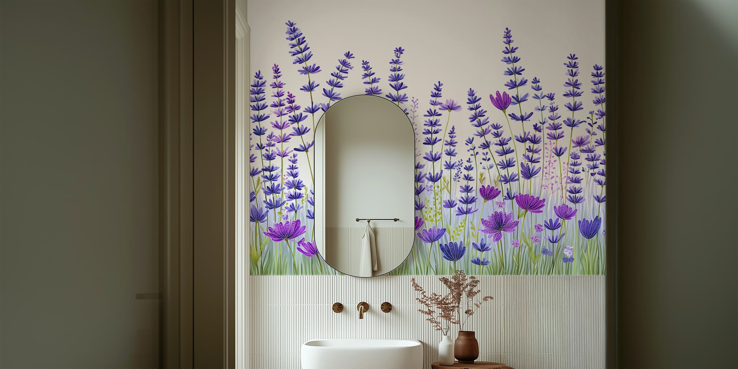 Lavender Field Blooms behang in een kamer