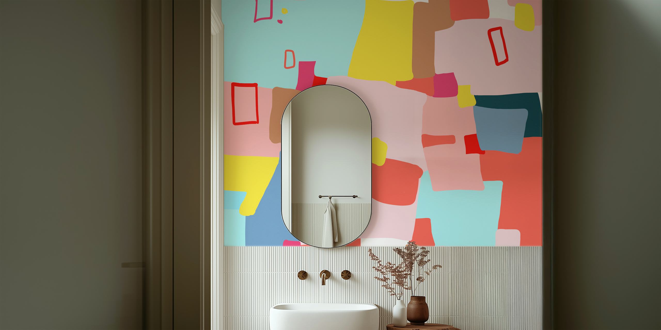 Colorful abstract shapes in red, blue, and pink wallpaper
