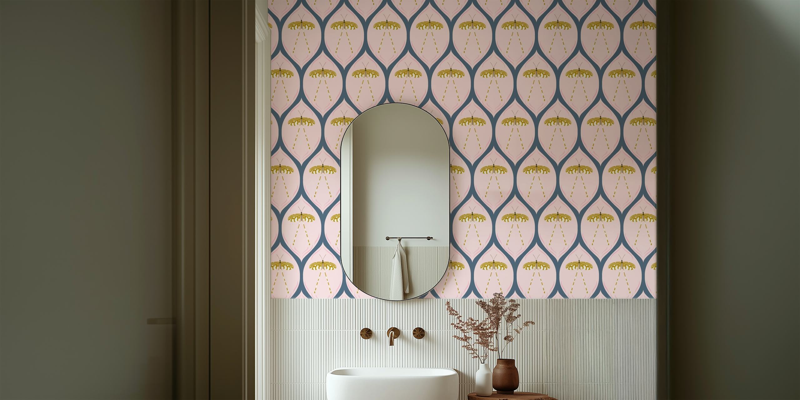 Pink floral design with gold insect motifs wallpaper