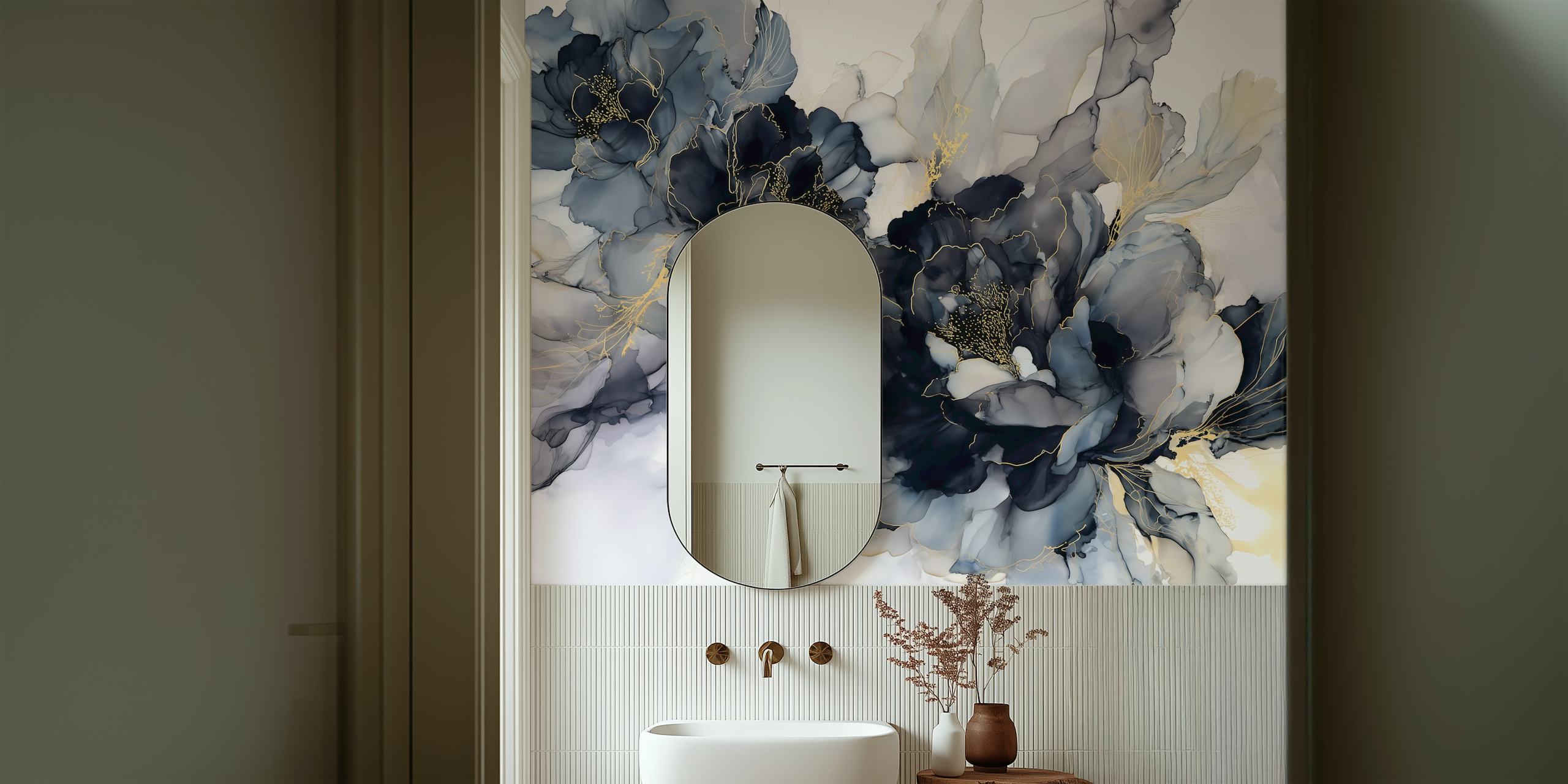 Abstract floral design in black and white with gold accents wallpaper