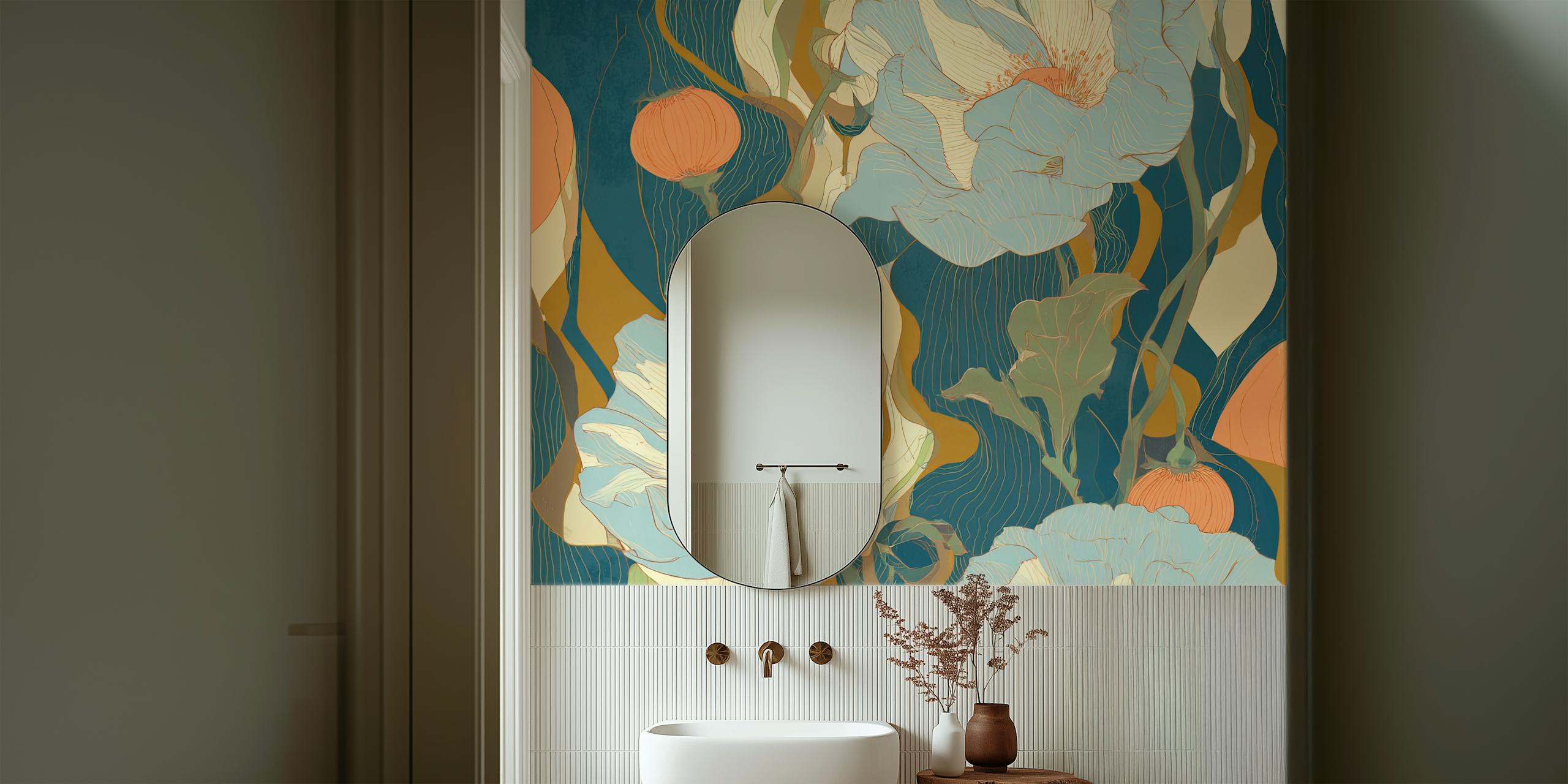 Fleurs stylisées en bleu et orange sur fond texturé wallpaper