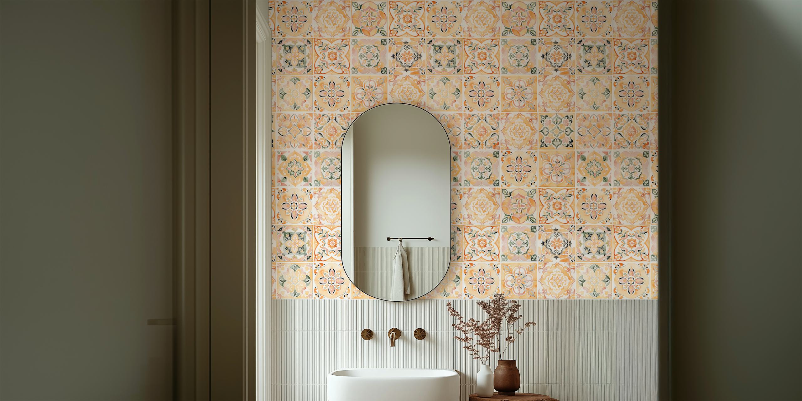 Pastel floral tile-patterned wallpaper with orange and green accents in a vintage style