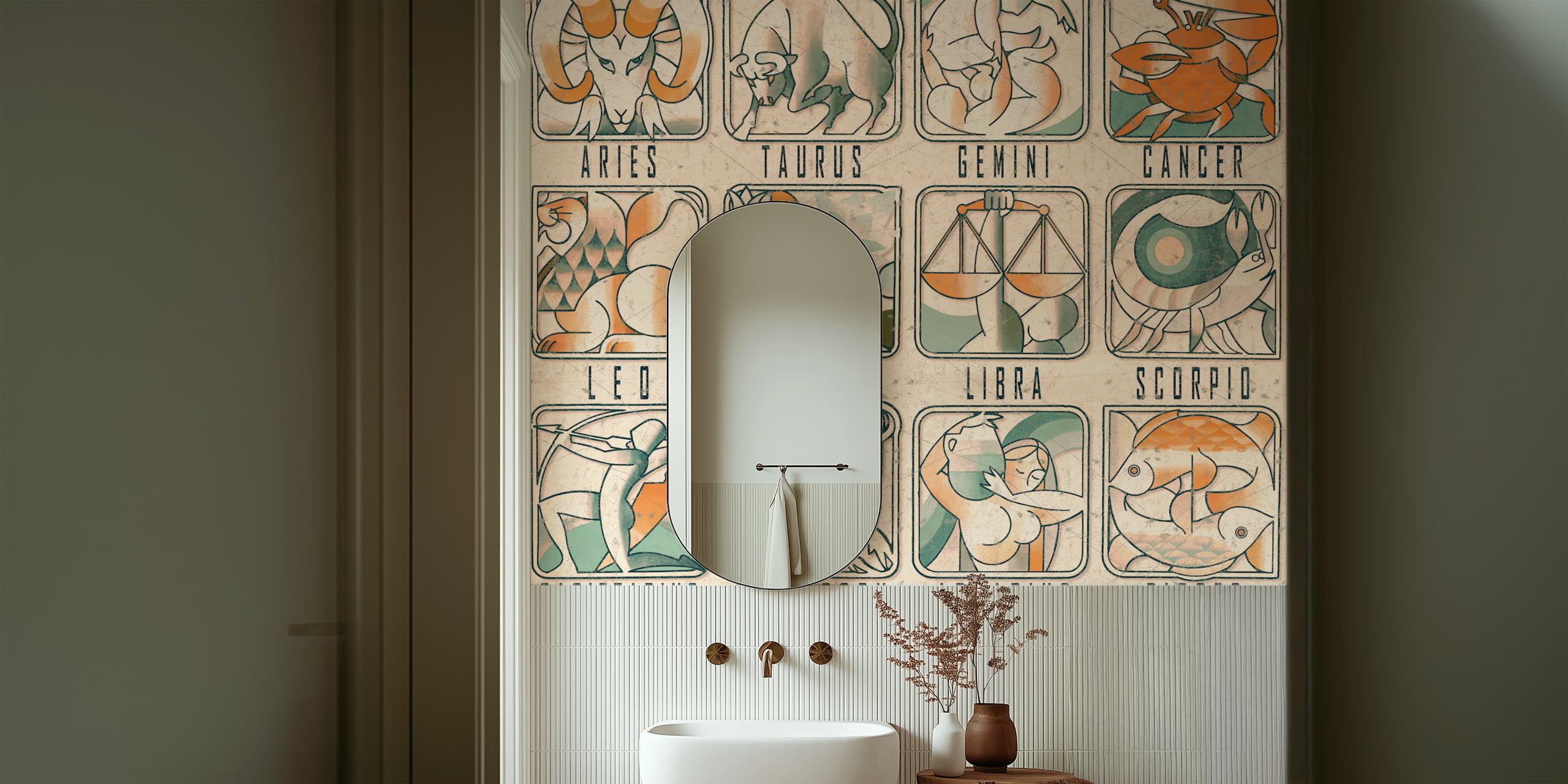 Zodiac signs illustrated in earthy tones on wallpaper