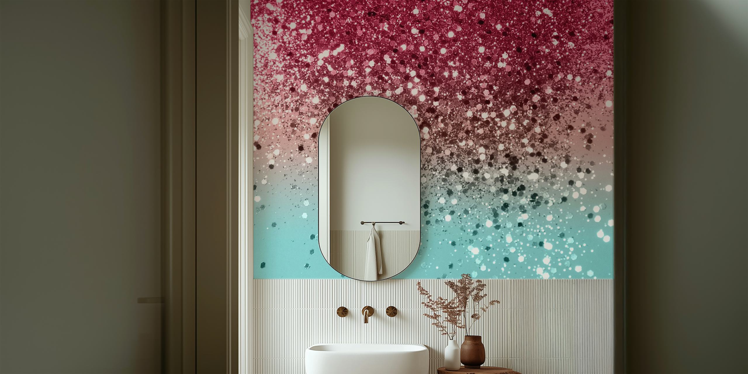 Trendy tropical pink and turquoise watermelon gradient with a sparkling glitter effect wall mural