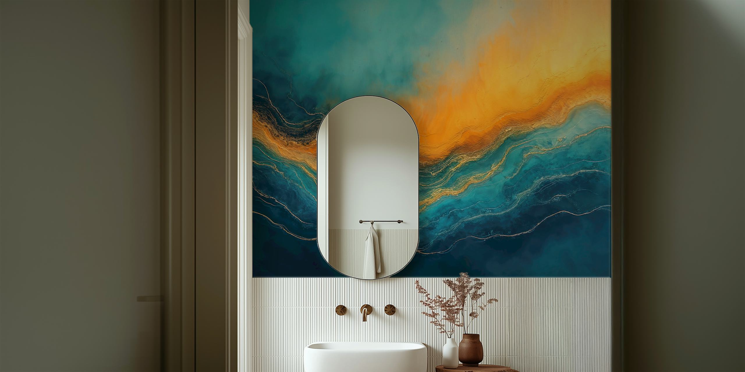Oceanic Gold Waves behang in een kamer