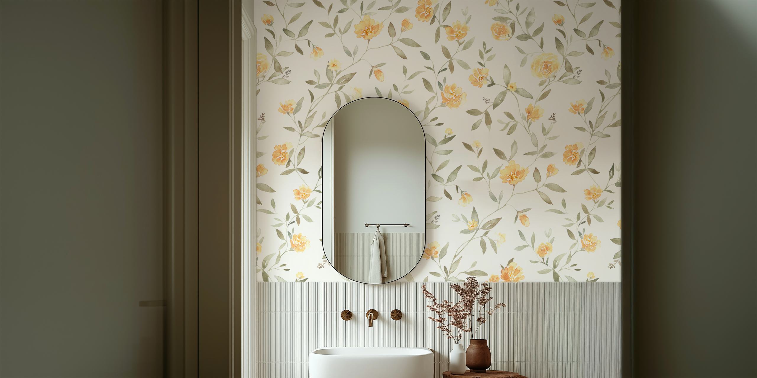 Cottagecore floral mural with yellow and sage green