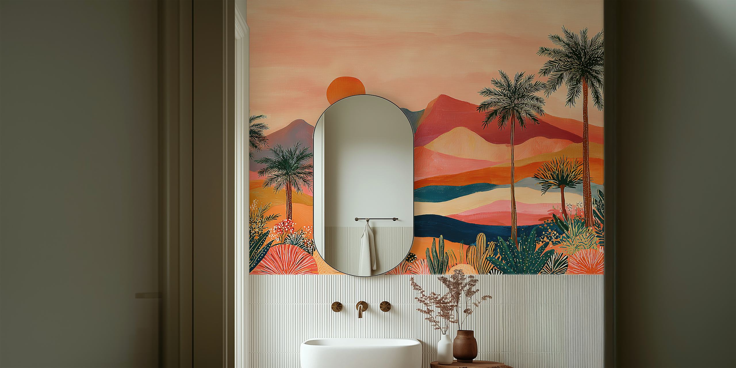 Tropical landscape with palm trees and sunset wallpaper
