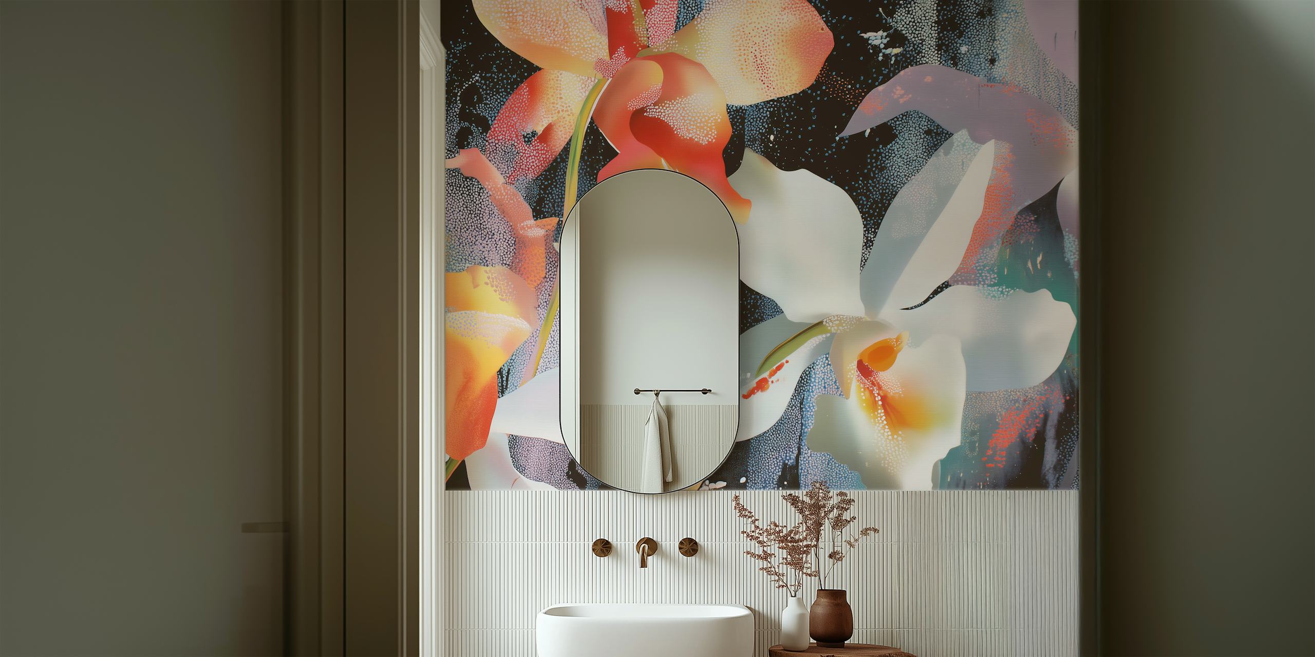Hawaiian floral burst wallpaper with white and orange flowers on a black background