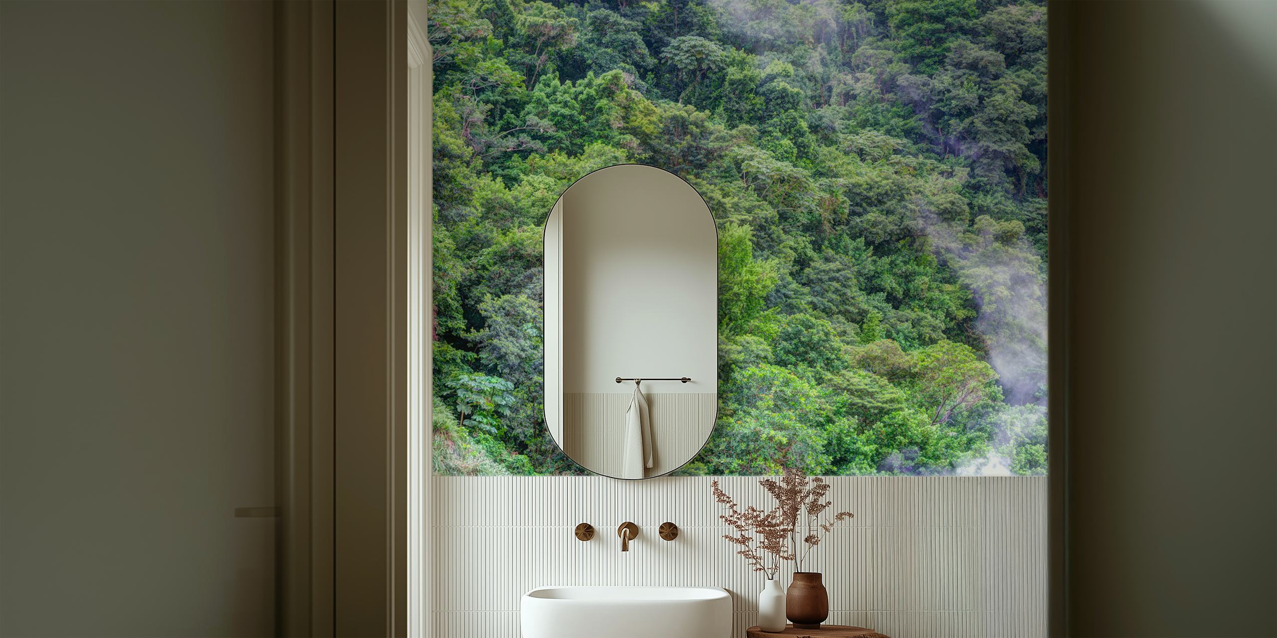 Dense green forest wallpaper with various shades of green