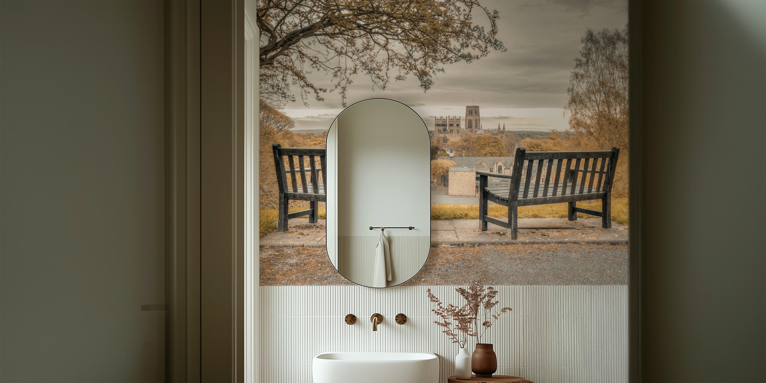 Autumn Bench Vista-behang weergegeven in een kamer