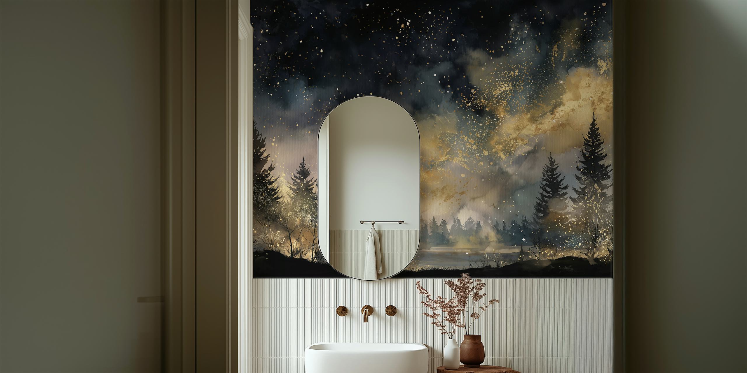 Starry night forest with dark blue hues and golden accents wallpaper