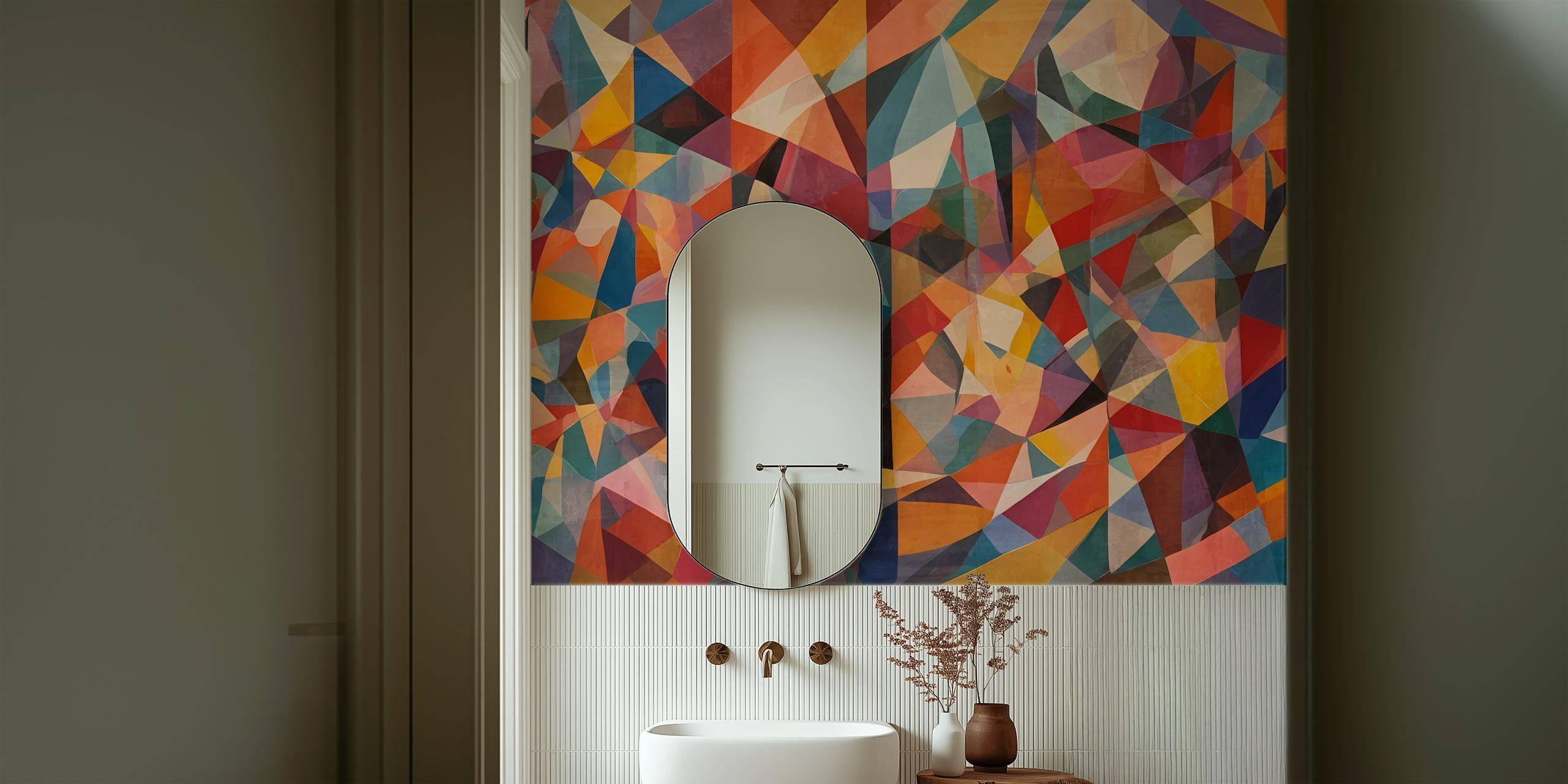 Colorful geometric shapes in shades of red, blue, and yellow wallpaper
