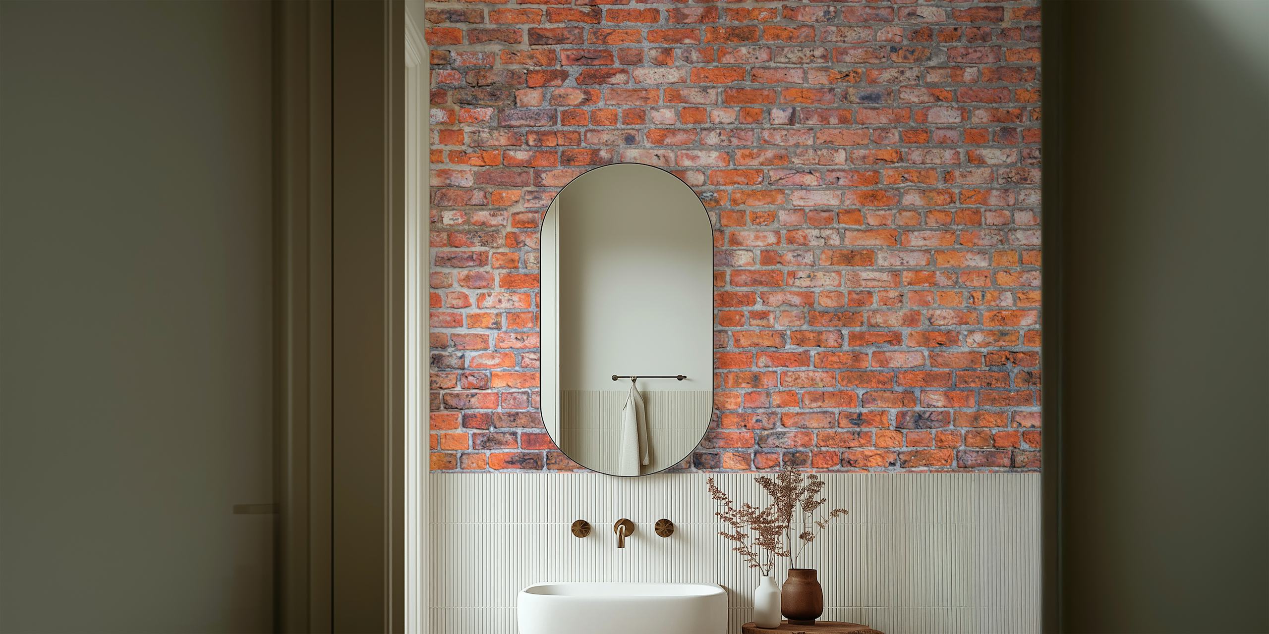Weathered brick wallpaper mostrato in una stanza