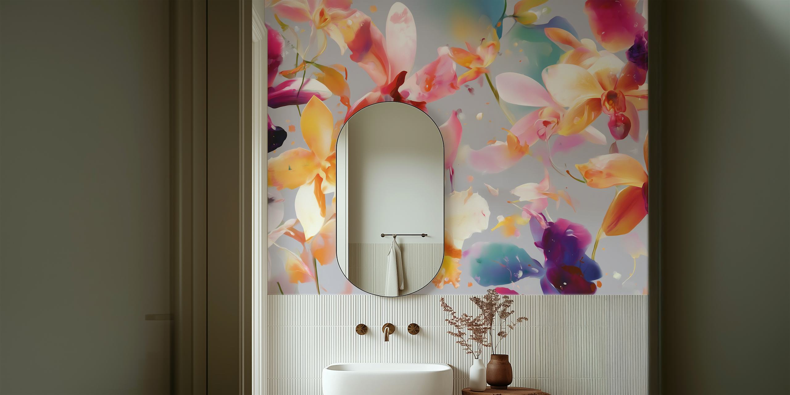 Vibrant orchid blooms wallpaper in a room