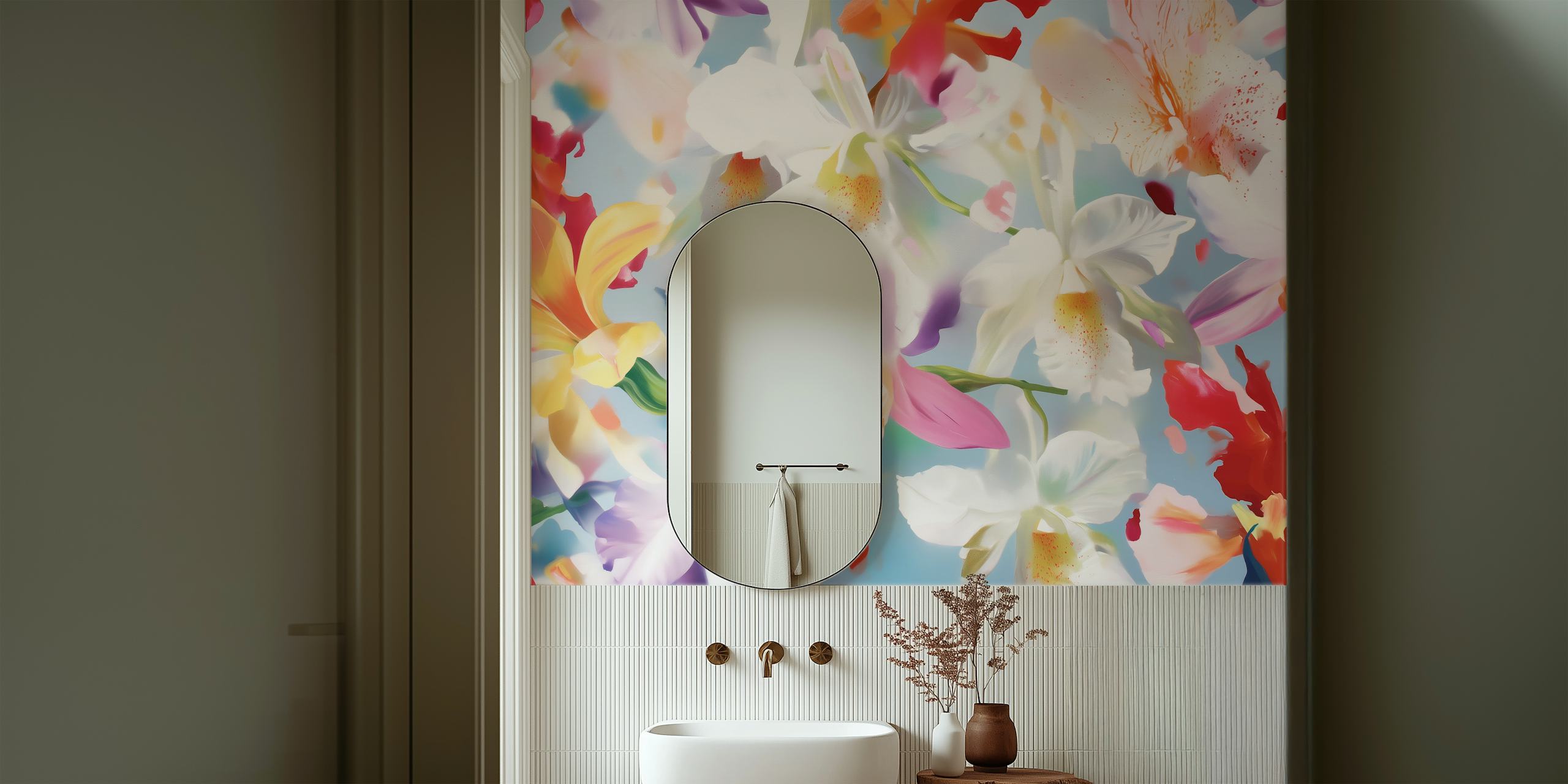 Colorful orchids in pink, white, and yellow on blue background wallpaper