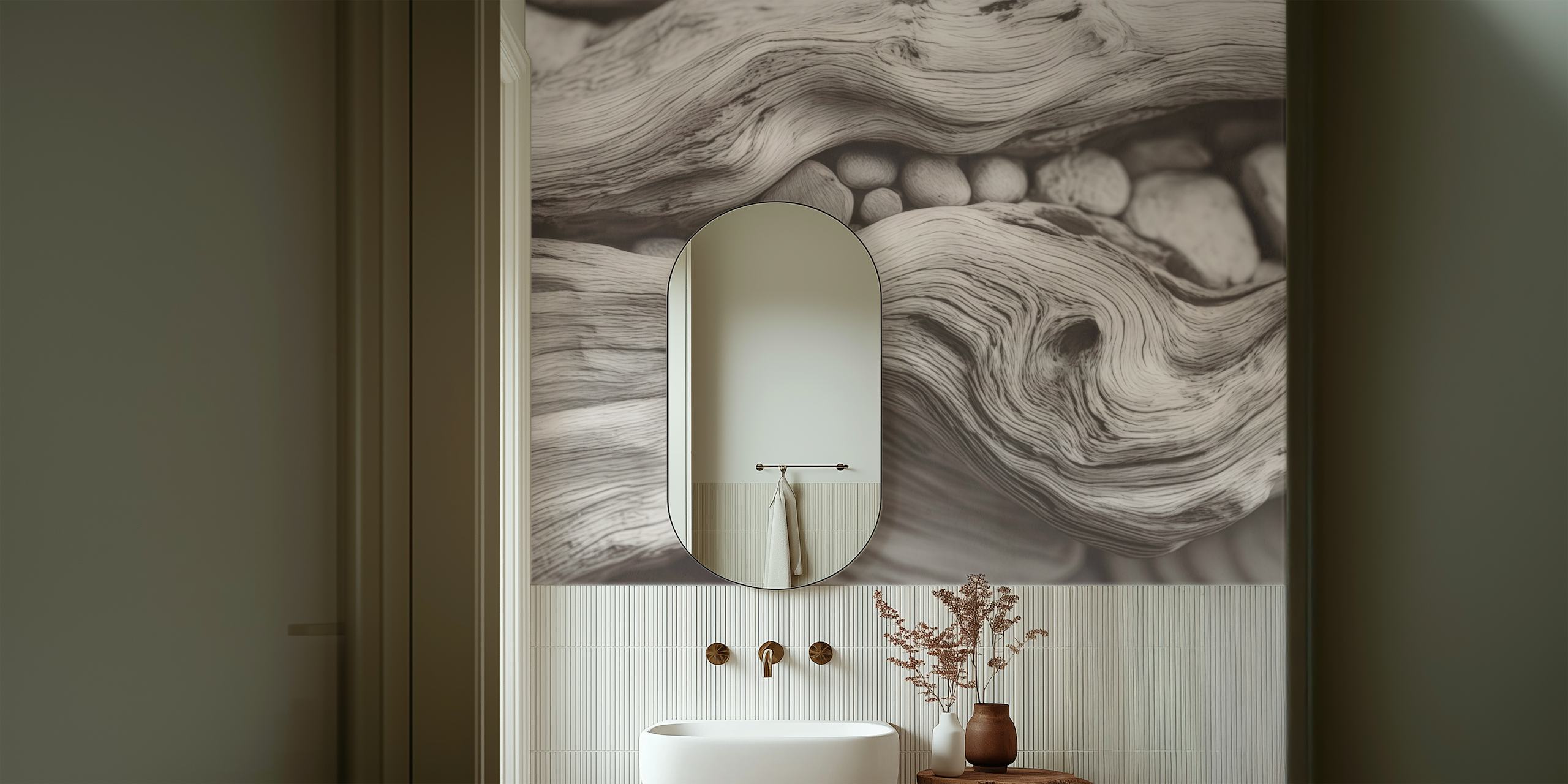 Pebble Driftwood Coastal Calm wallpaper in a room