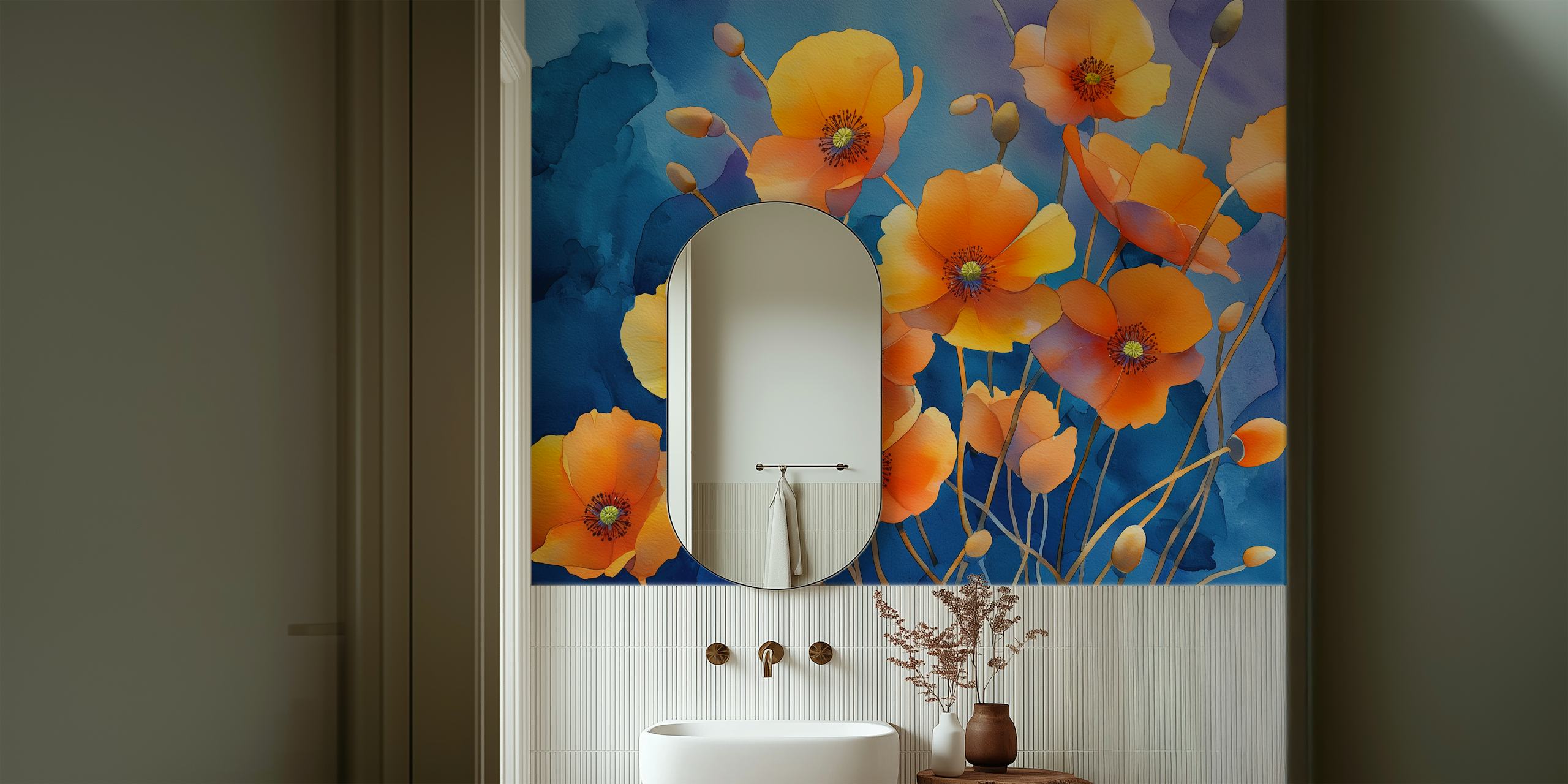 Golden Poppy Watercolor tapet i et rom